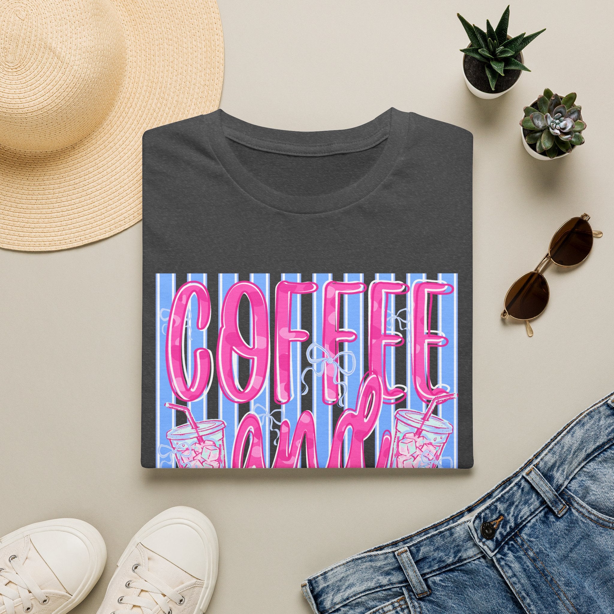 Coffee and Jesus T‑Shirt — Retro Pink & Blue Faith Graphic Tee
