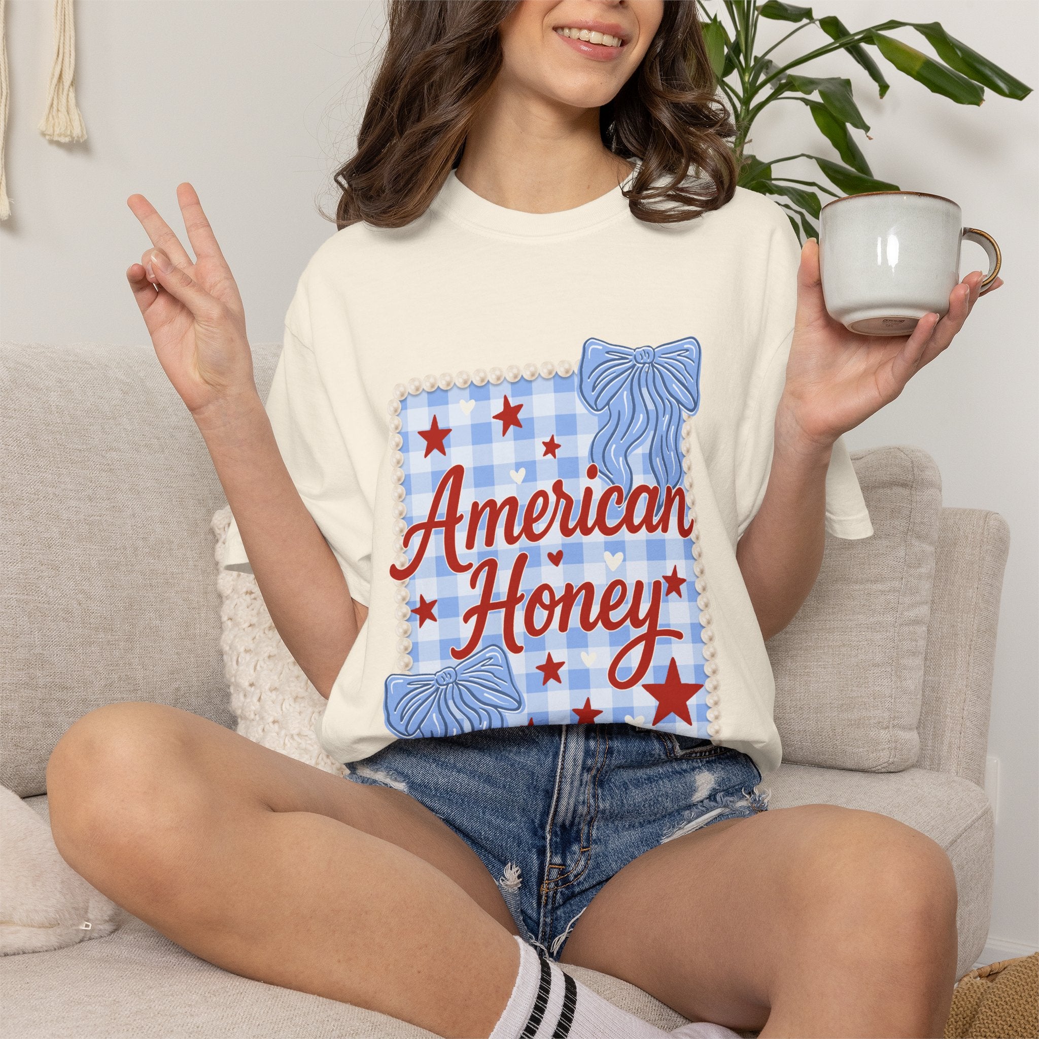 American Honey T-Shirt — Patriotic Gingham Graphic Tee