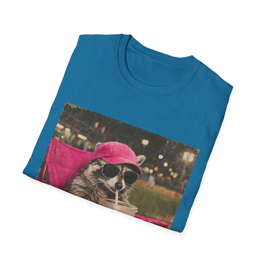 Raccoon Baseball/Softball Relaxing T-Shirt — 'Live Here Now' Retro Vacation Graphic Tee