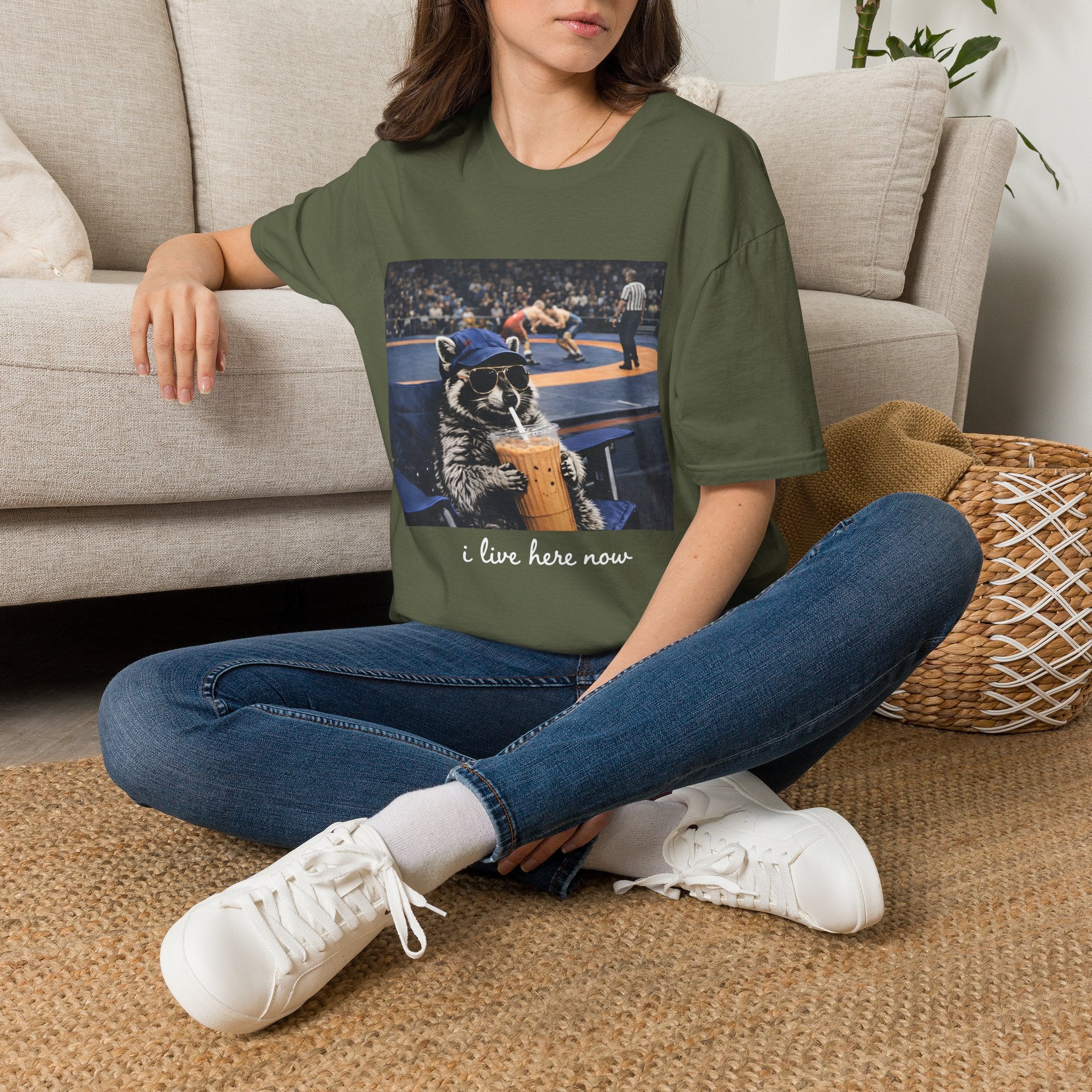 Wrestling Raccoon T‑Shirt — 'I Live Here Now' Funny Sports Tee