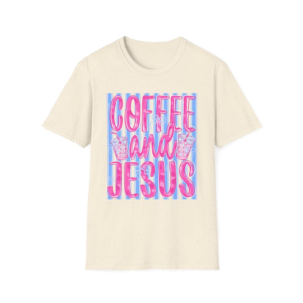 Coffee and Jesus T‑Shirt — Retro Pink & Blue Faith Graphic Tee