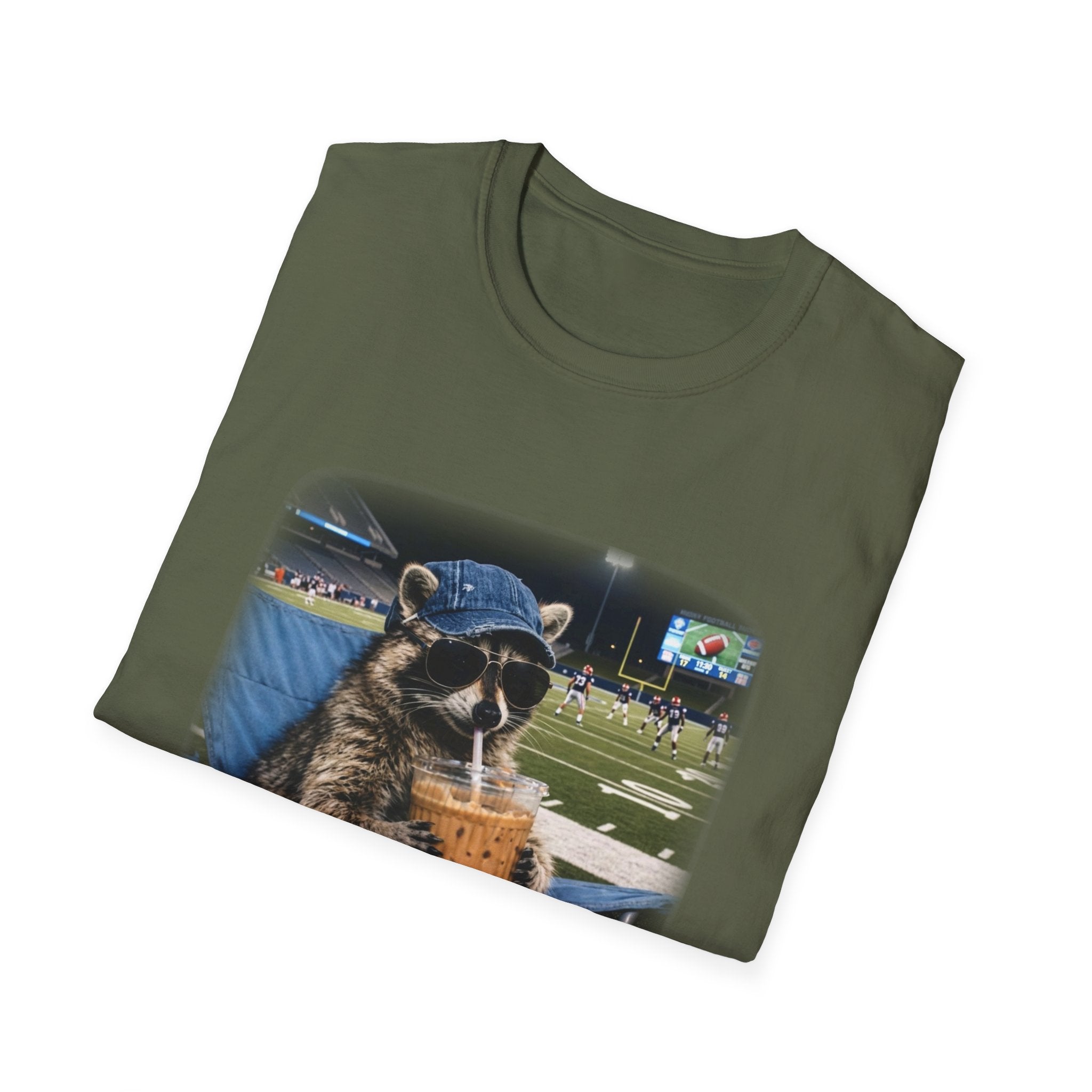 Raccoon Football Stadium Tee – "I Live Here Now" Graphic T-Shirt