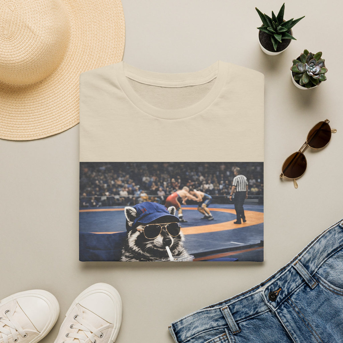 Wrestling Raccoon T‑Shirt — 'I Live Here Now' Funny Sports Tee
