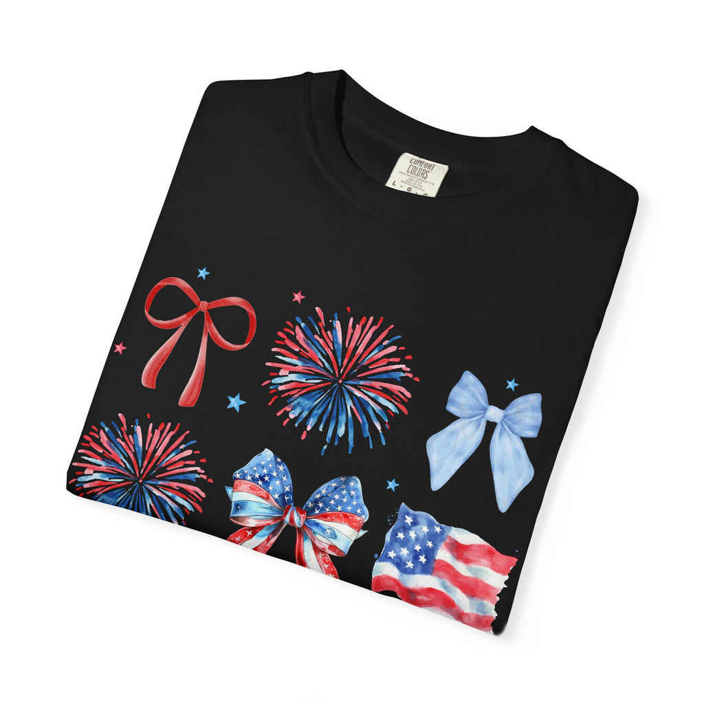 Patriotic Bows & Fireworks T-Shirt — American Flag Fourth of July Tee
