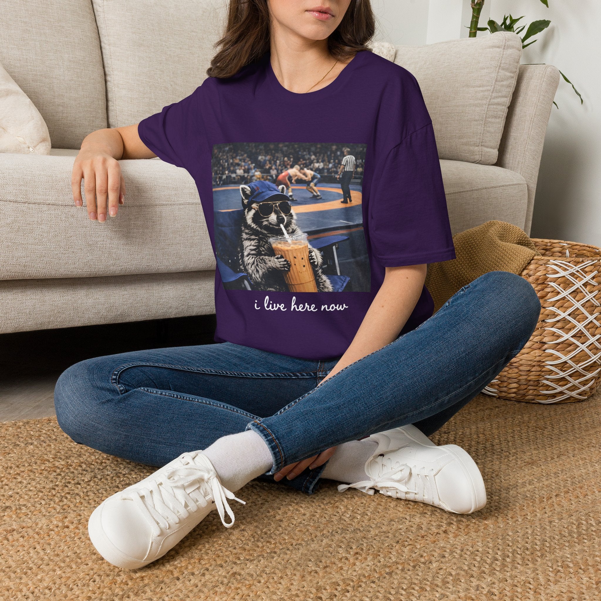 Wrestling Raccoon T‑Shirt — 'I Live Here Now' Funny Sports Tee