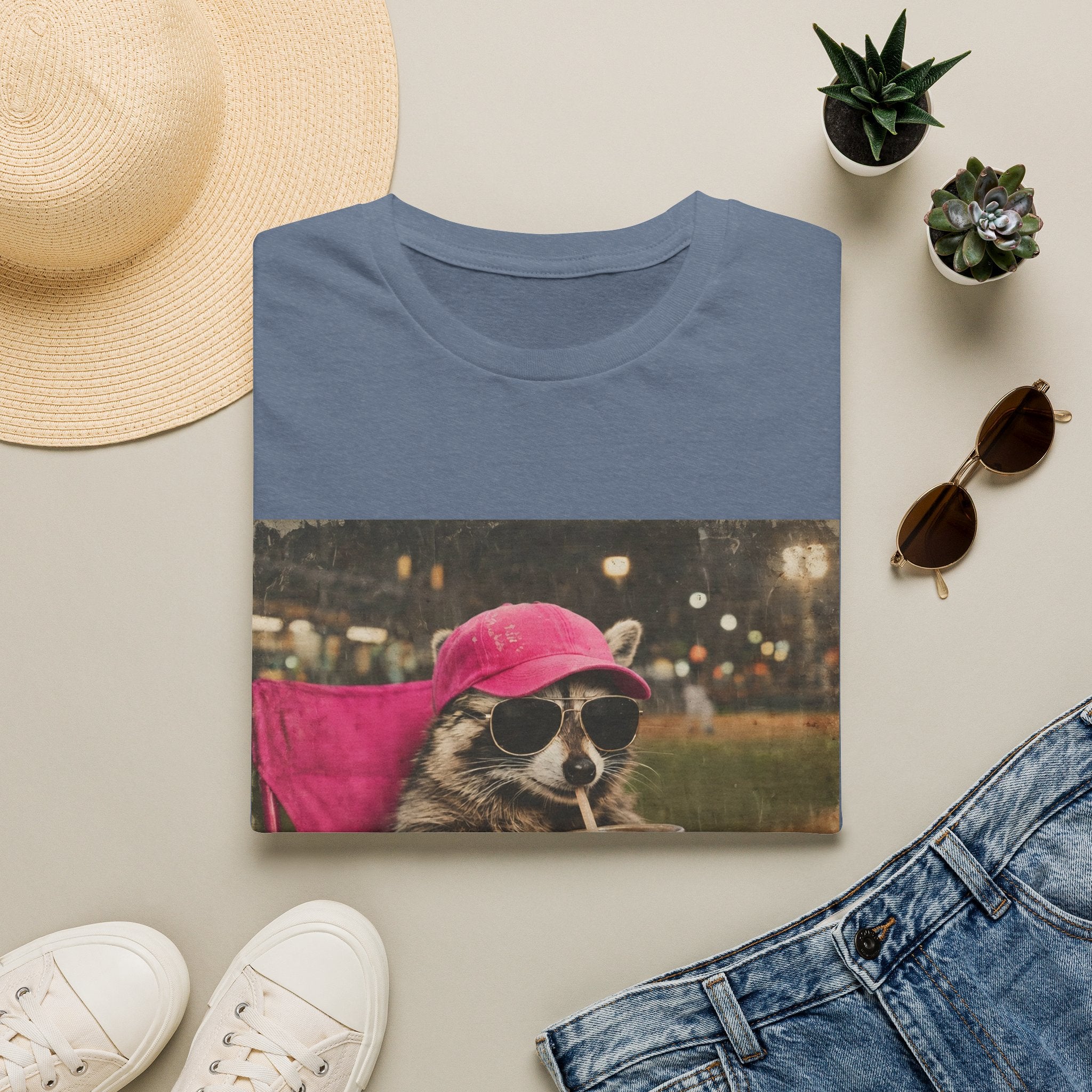Raccoon Baseball/Softball Relaxing T-Shirt — 'Live Here Now' Retro Vacation Graphic Tee