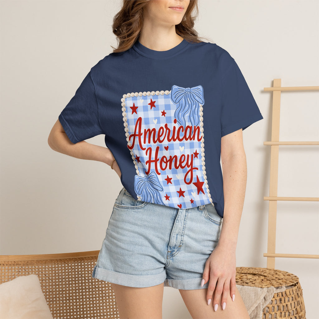 American Honey T-Shirt — Patriotic Gingham Graphic Tee
