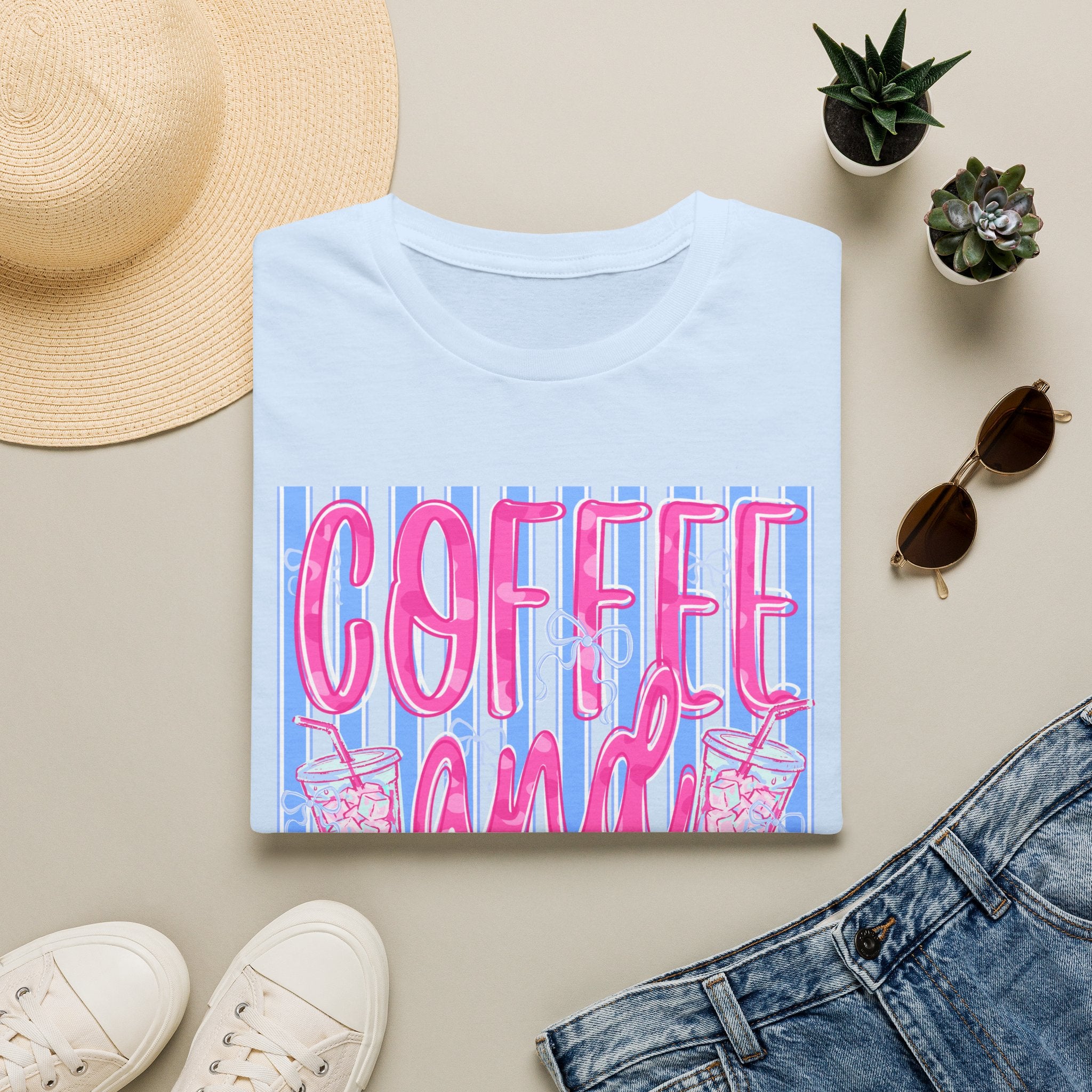 Coffee and Jesus T‑Shirt — Retro Pink & Blue Faith Graphic Tee