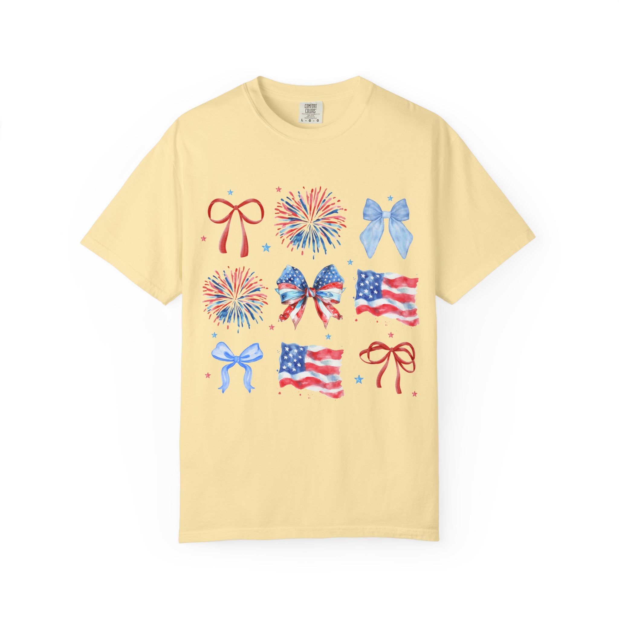 Patriotic Bows & Fireworks T-Shirt — American Flag Fourth of July Tee
