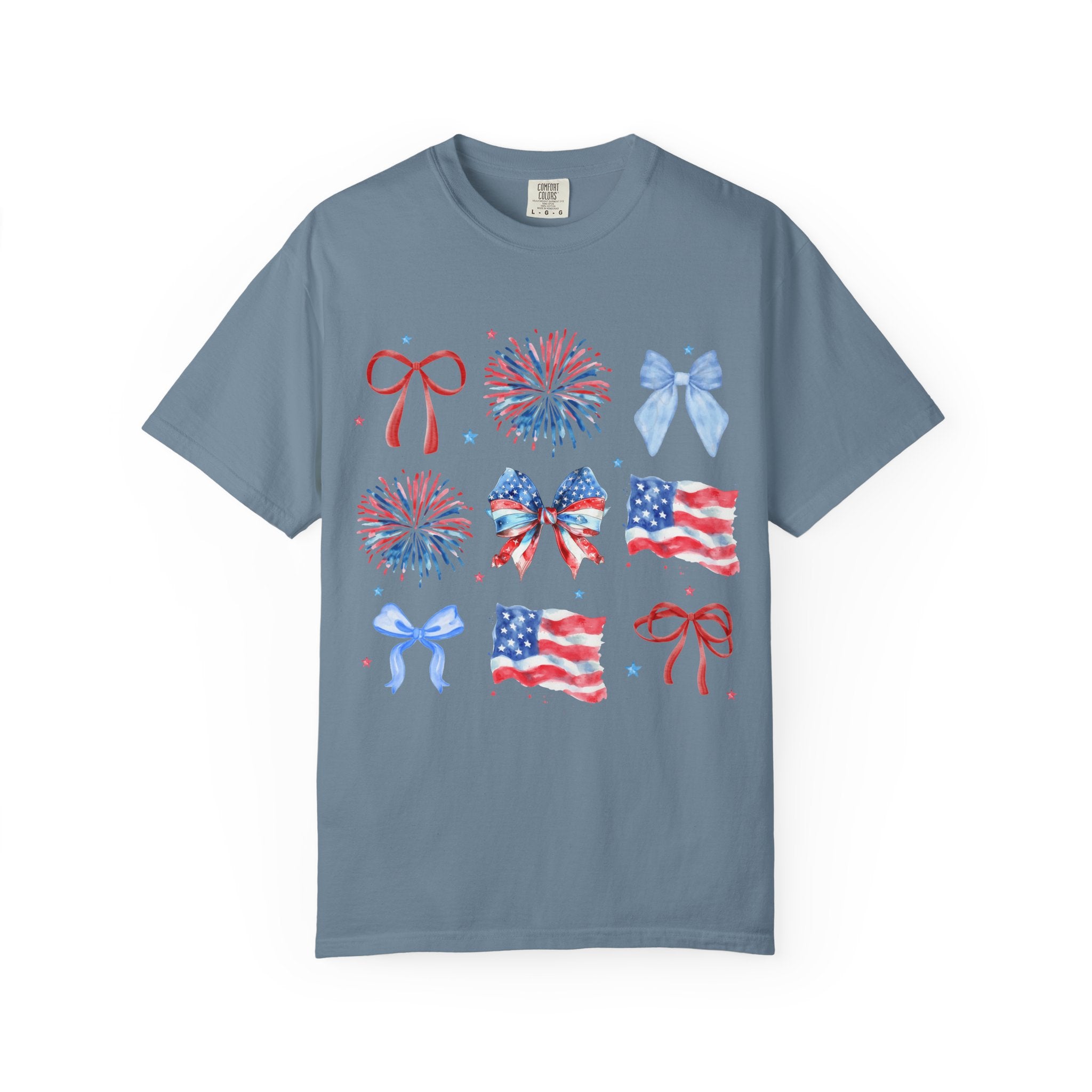 Patriotic Bows & Fireworks T-Shirt — American Flag Fourth of July Tee
