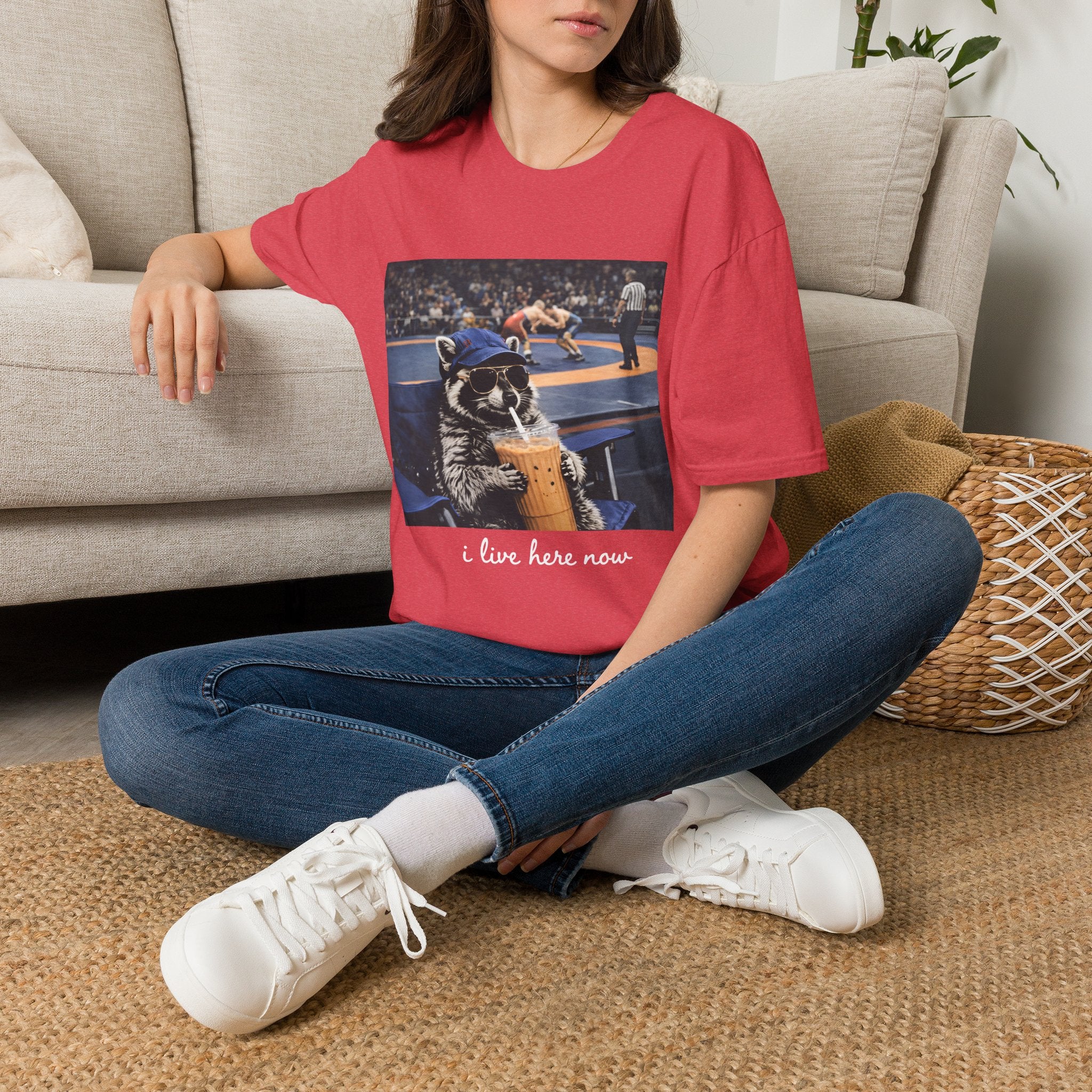 Wrestling Raccoon T‑Shirt — 'I Live Here Now' Funny Sports Tee