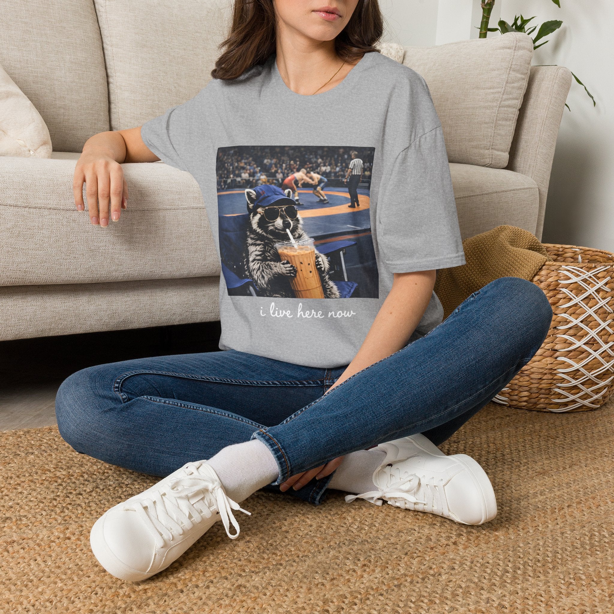 Wrestling Raccoon T‑Shirt — 'I Live Here Now' Funny Sports Tee