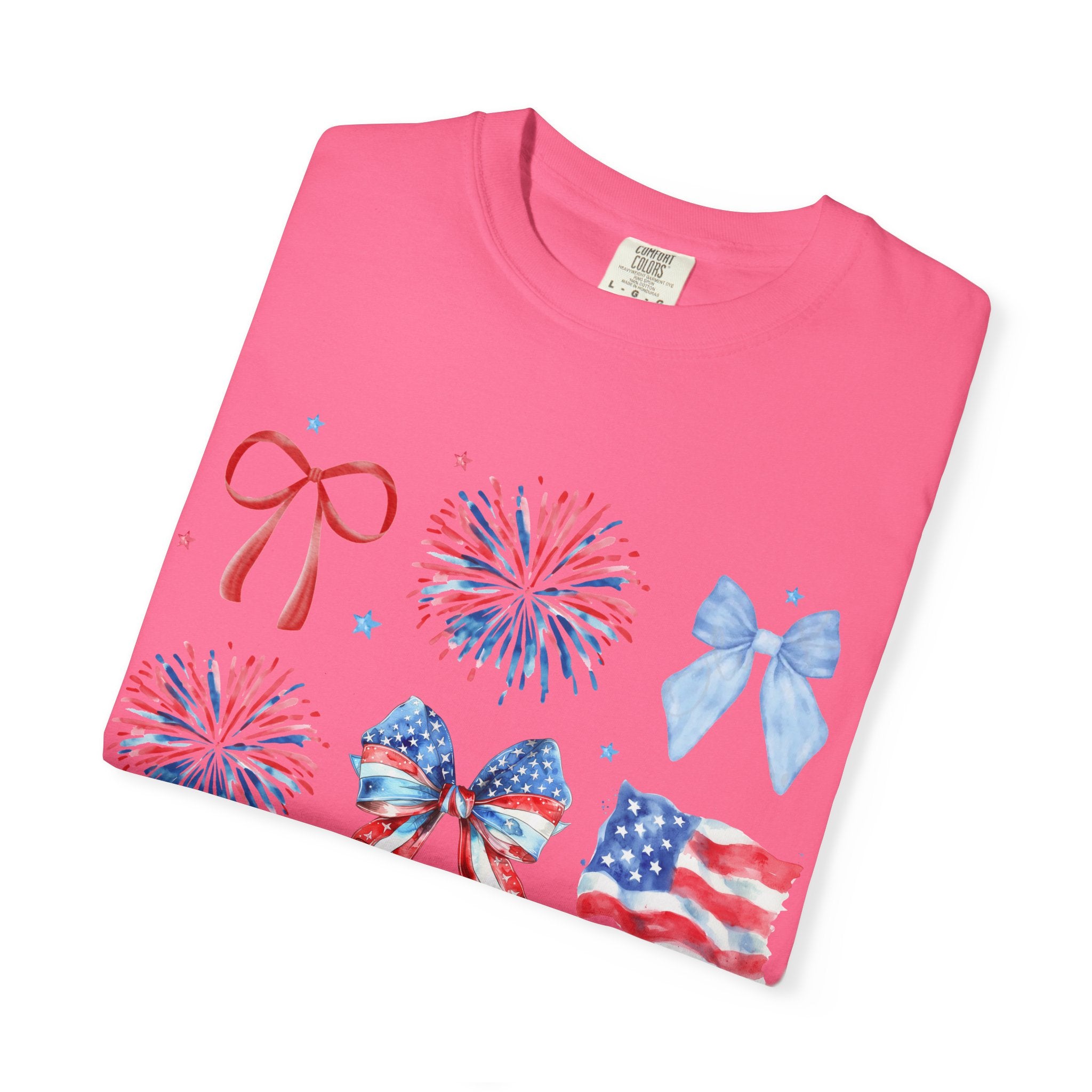 Patriotic Bows & Fireworks T-Shirt — American Flag Fourth of July Tee