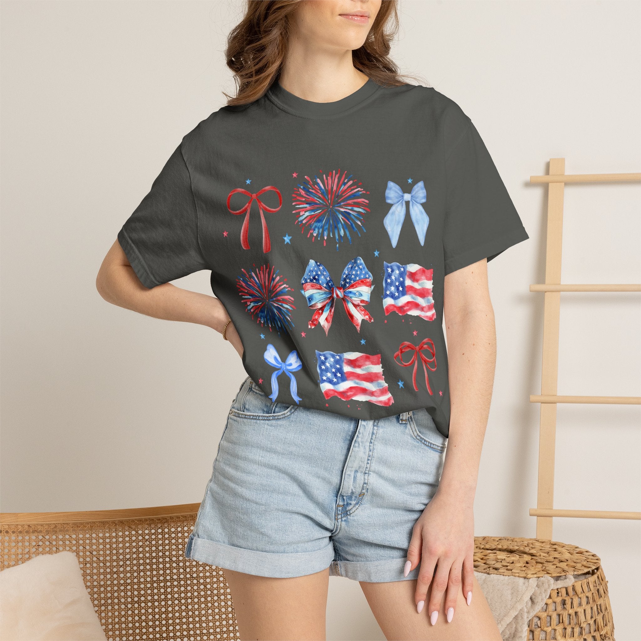 Patriotic Bows & Fireworks T-Shirt — American Flag Fourth of July Tee