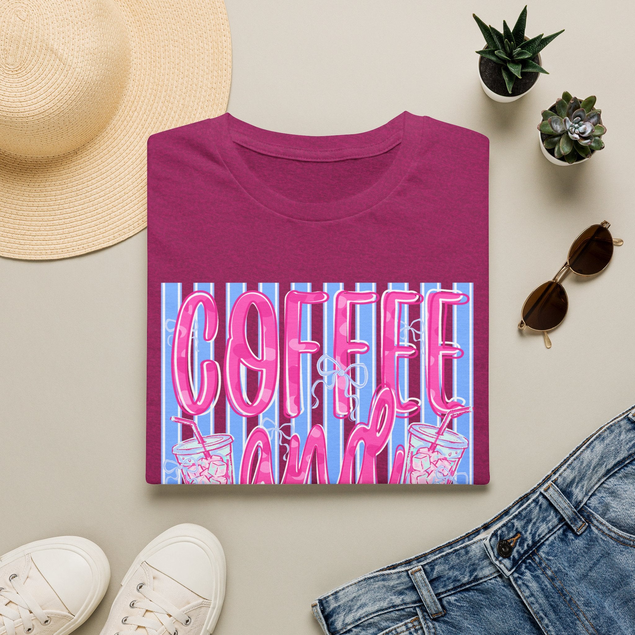 Coffee and Jesus T‑Shirt — Retro Pink & Blue Faith Graphic Tee