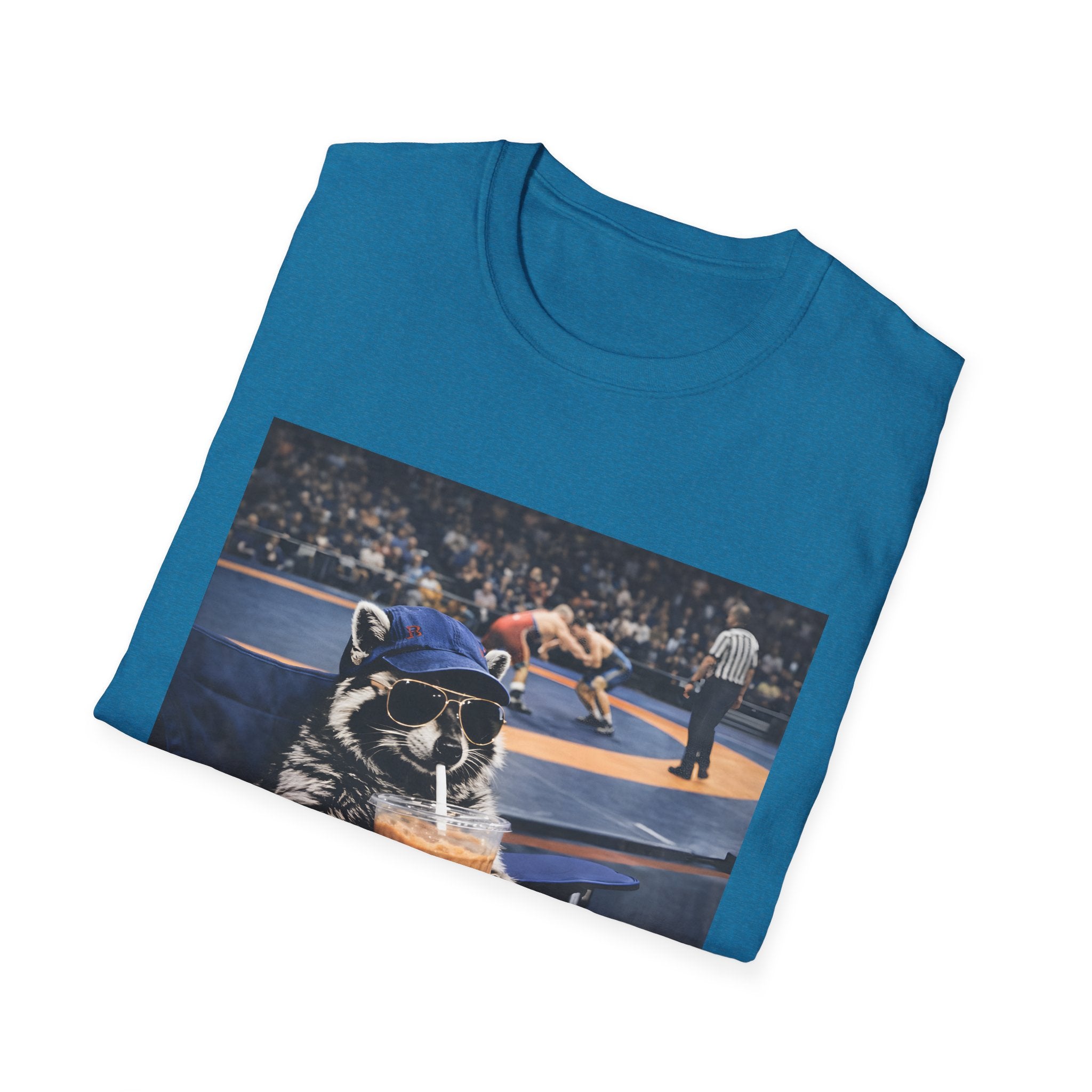 Wrestling Raccoon T‑Shirt — 'I Live Here Now' Funny Sports Tee