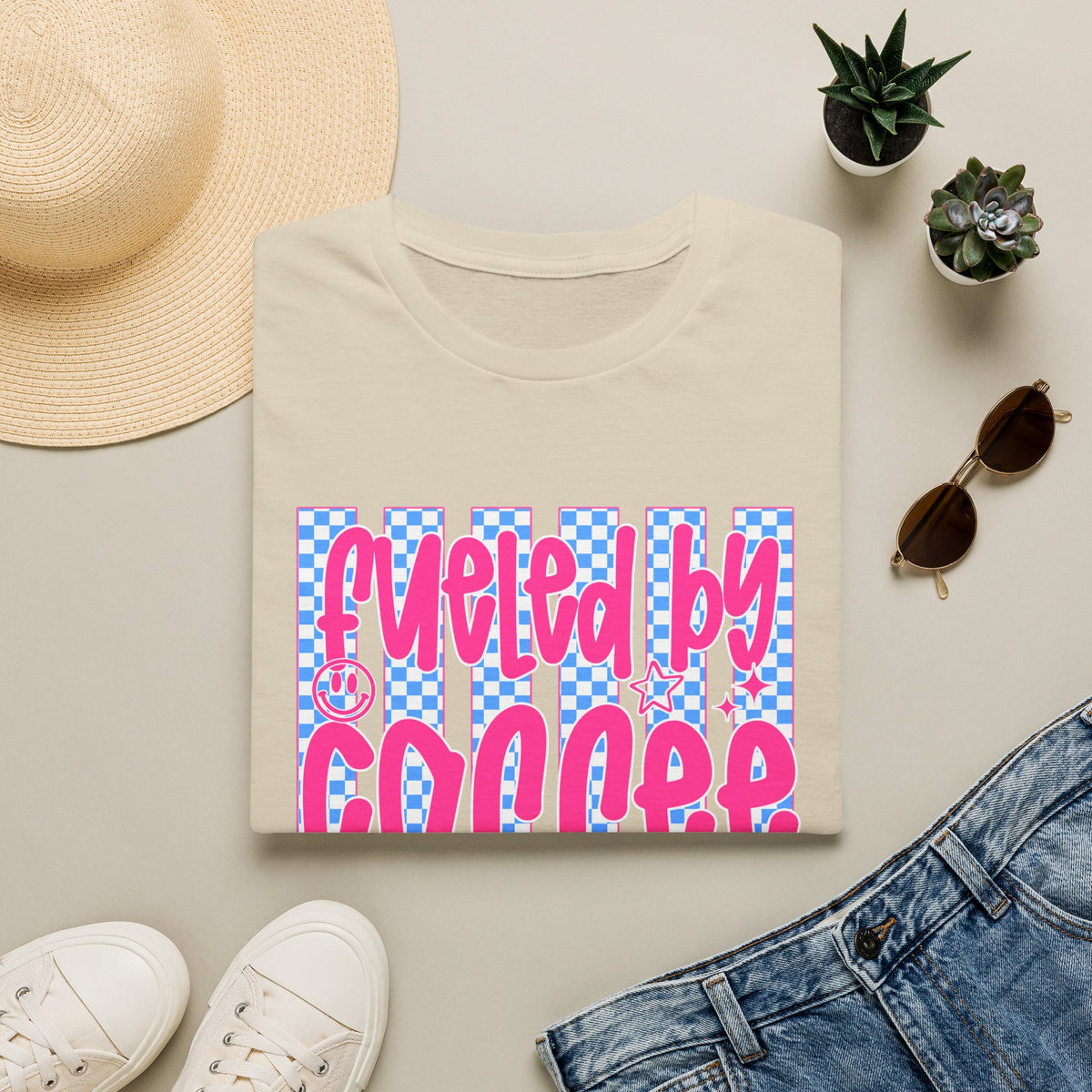 Fueled By Coffee And Anxiety T-Shirt — Retro Pink & Blue Checker Graphic