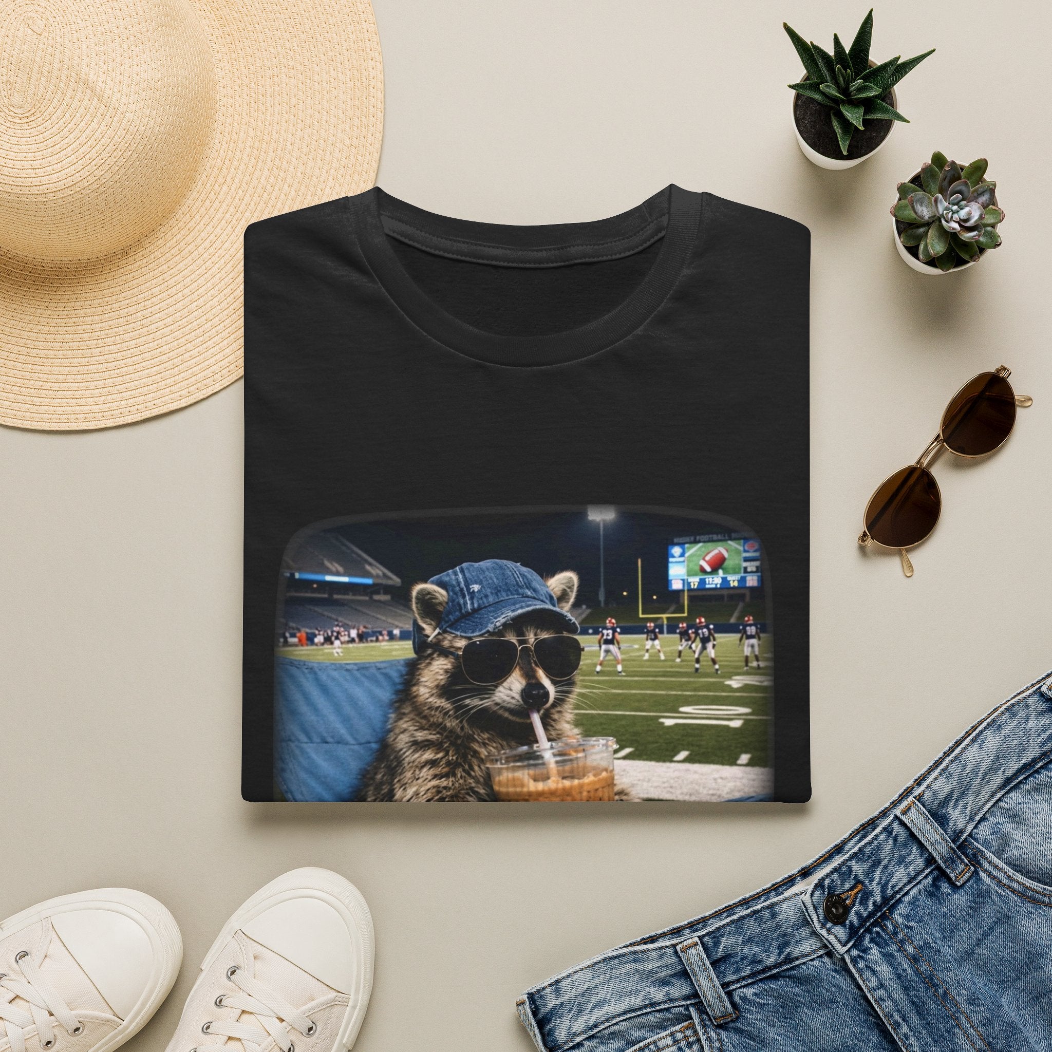 Raccoon Football Stadium Tee – "I Live Here Now" Graphic T-Shirt