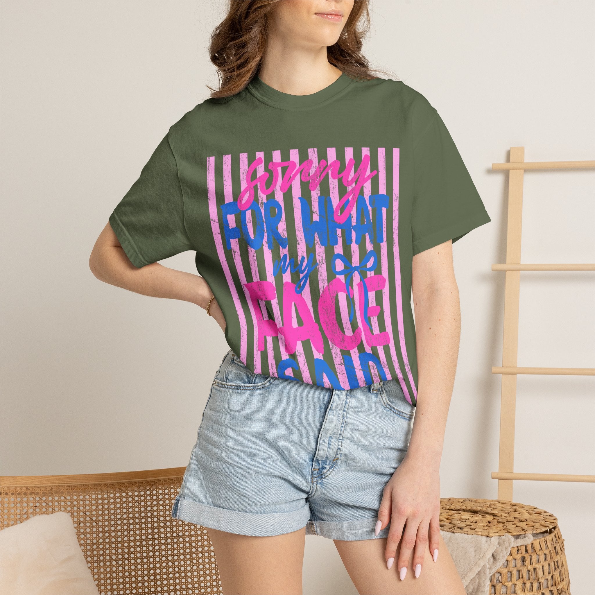 T-Shirt — "Sorry For What My Face Said" Graphic Tee (Pink & Blue Stripes)
