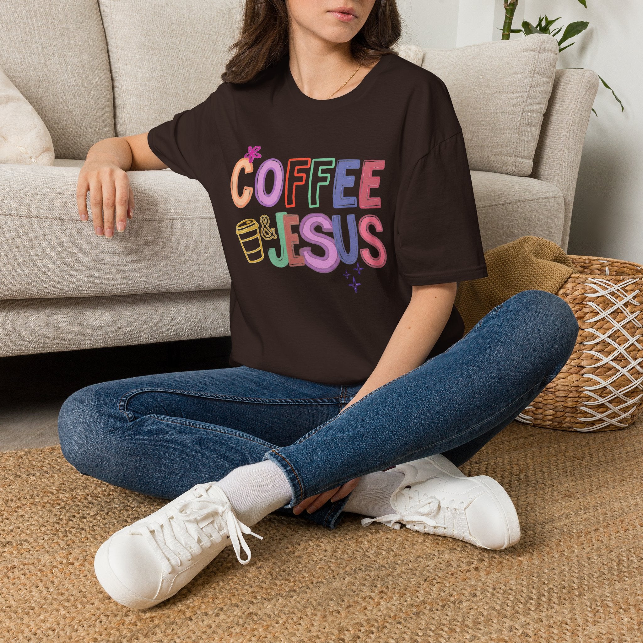 Coffee & Jesus T‑Shirt — Colorful Faith Graphic Tee for Women