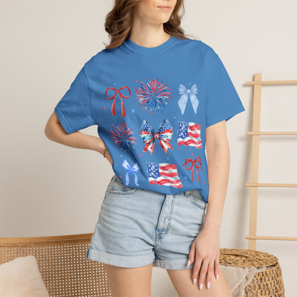 Patriotic Bows & Fireworks T-Shirt — American Flag Fourth of July Tee