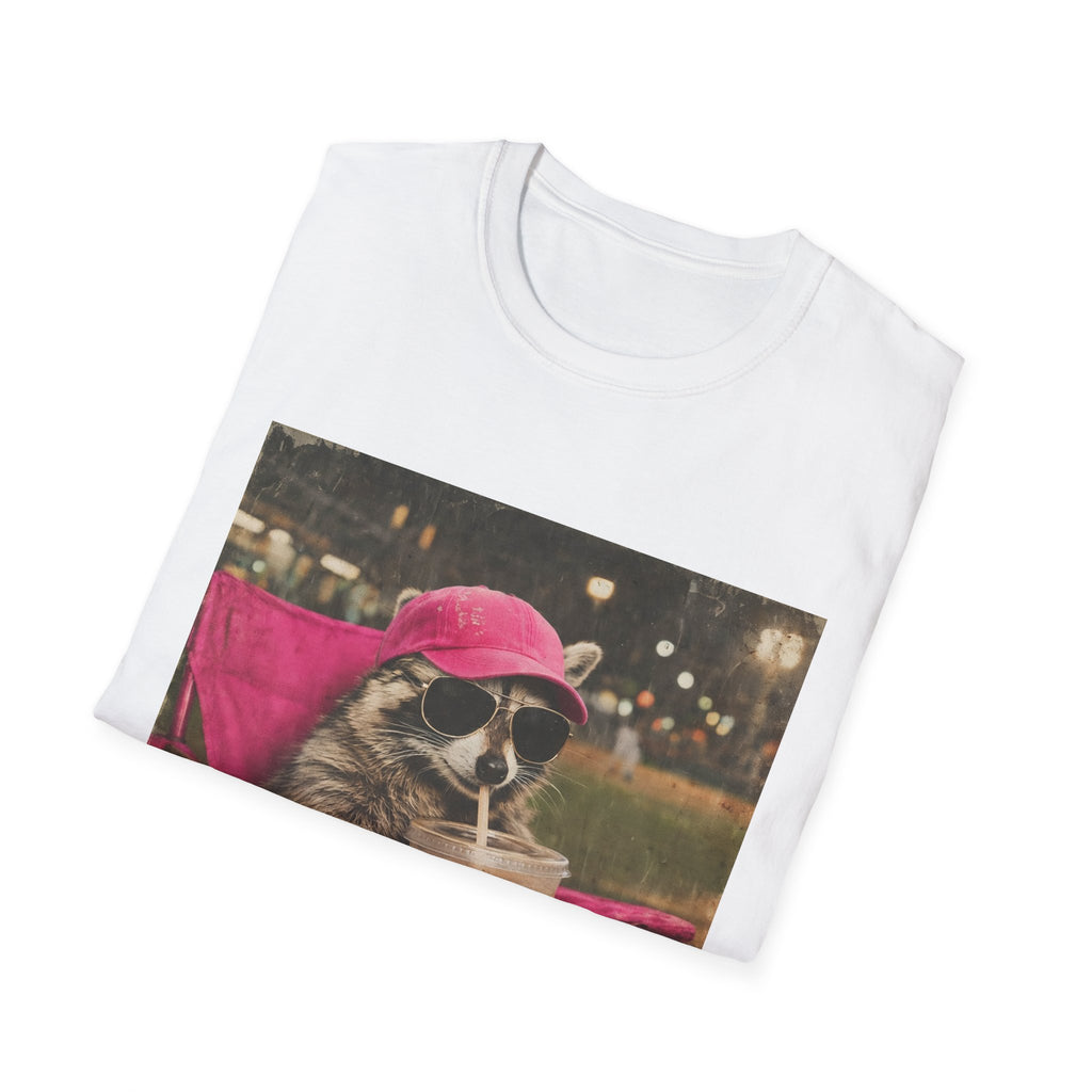Raccoon Baseball/Softball Relaxing T-Shirt — 'Live Here Now' Retro Vacation Graphic Tee