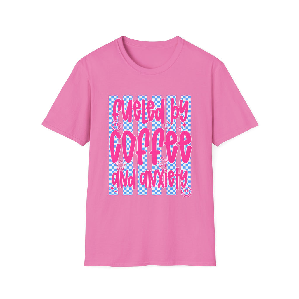 Fueled By Coffee And Anxiety T-Shirt — Retro Pink & Blue Checker Graphic