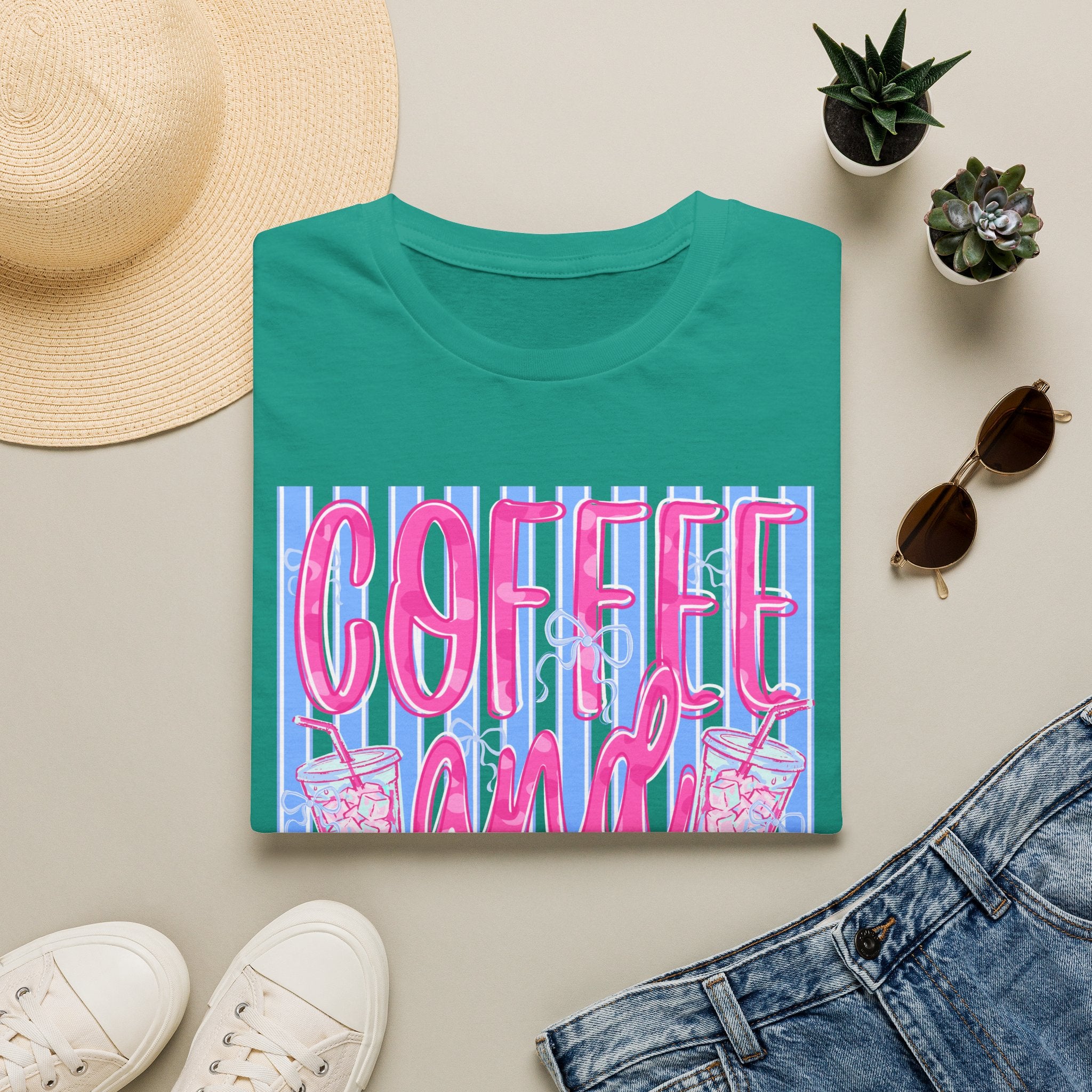 Coffee and Jesus T‑Shirt — Retro Pink & Blue Faith Graphic Tee