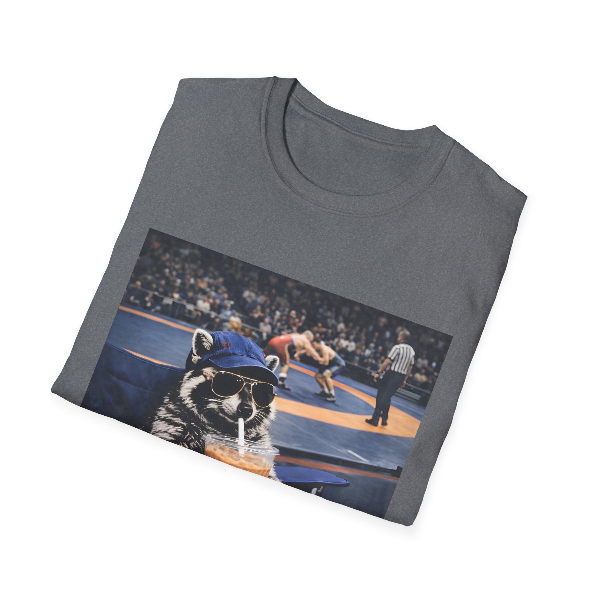 Wrestling Raccoon T‑Shirt — 'I Live Here Now' Funny Sports Tee