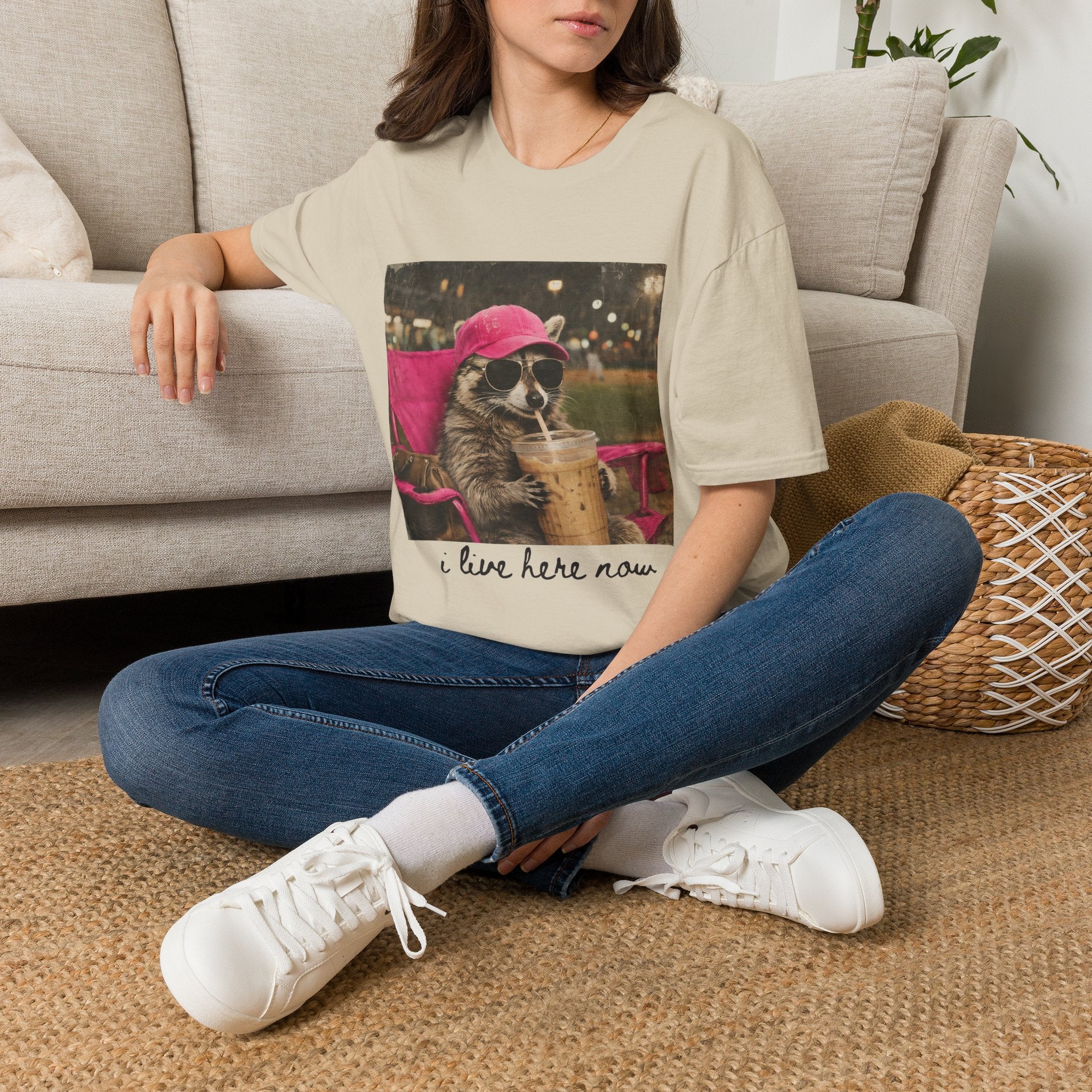 Raccoon Baseball/Softball Relaxing T-Shirt — 'Live Here Now' Retro Vacation Graphic Tee