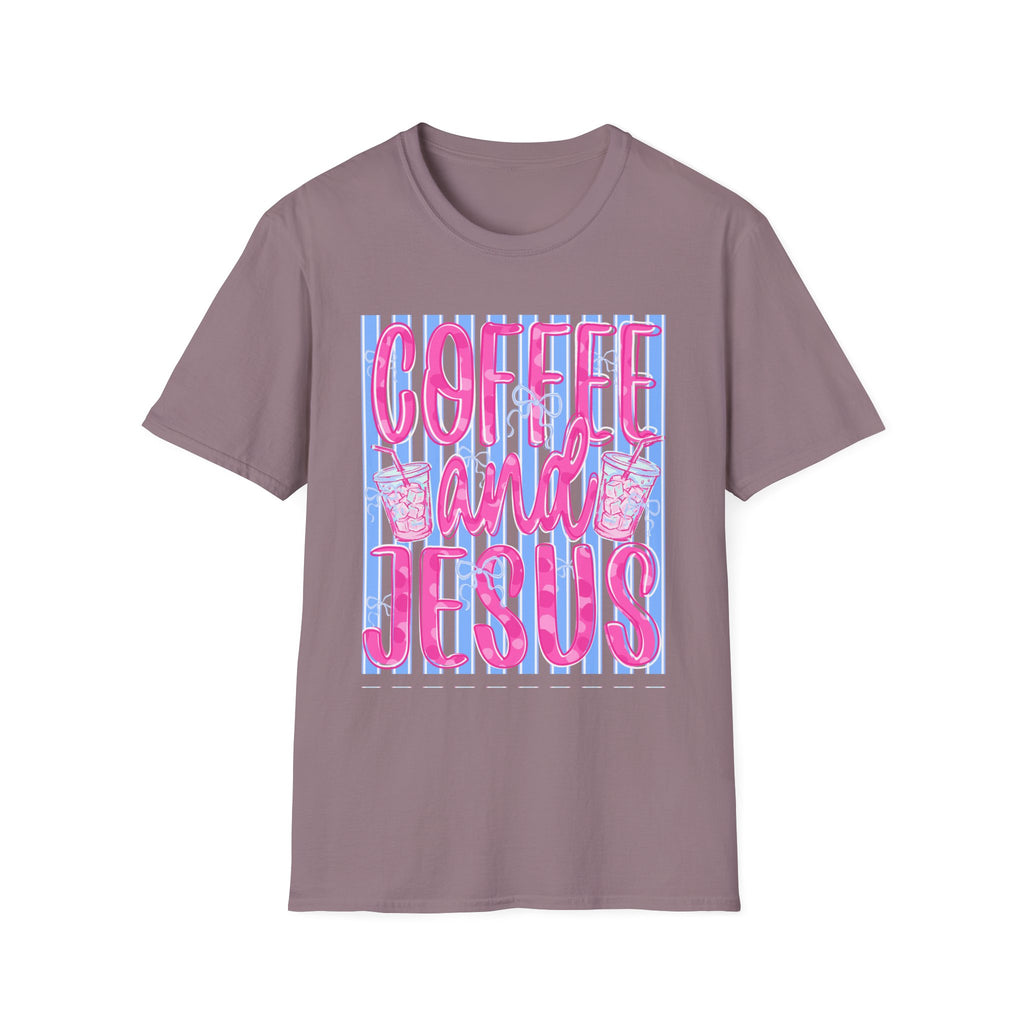 Coffee and Jesus T‑Shirt — Retro Pink & Blue Faith Graphic Tee