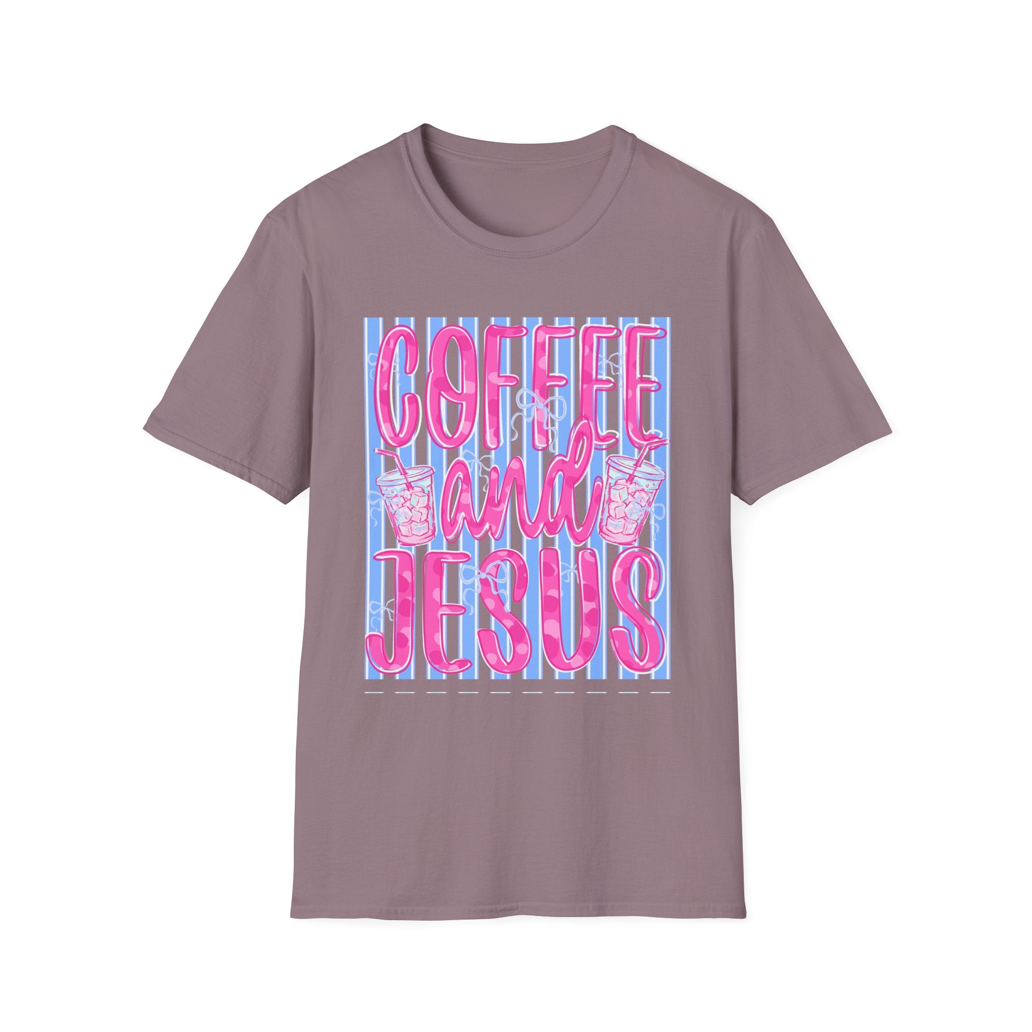Coffee and Jesus T‑Shirt — Retro Pink & Blue Faith Graphic Tee