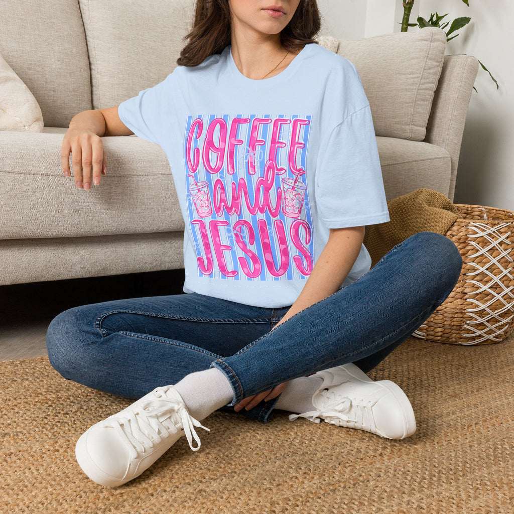 Coffee and Jesus T‑Shirt — Retro Pink & Blue Faith Graphic Tee