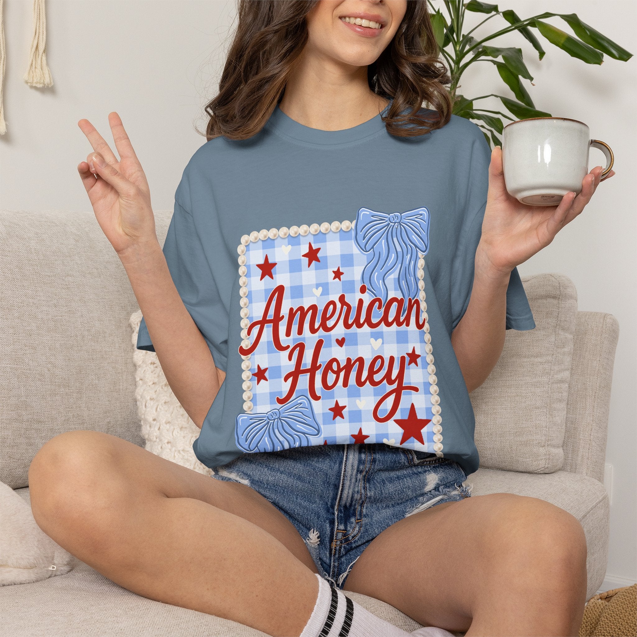 American Honey T-Shirt — Patriotic Gingham Graphic Tee