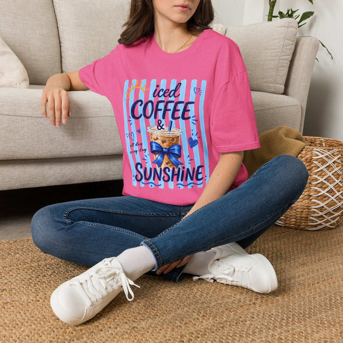 Iced Coffee & Sunshine T-Shirt — Cute Blue Striped Summer Tee