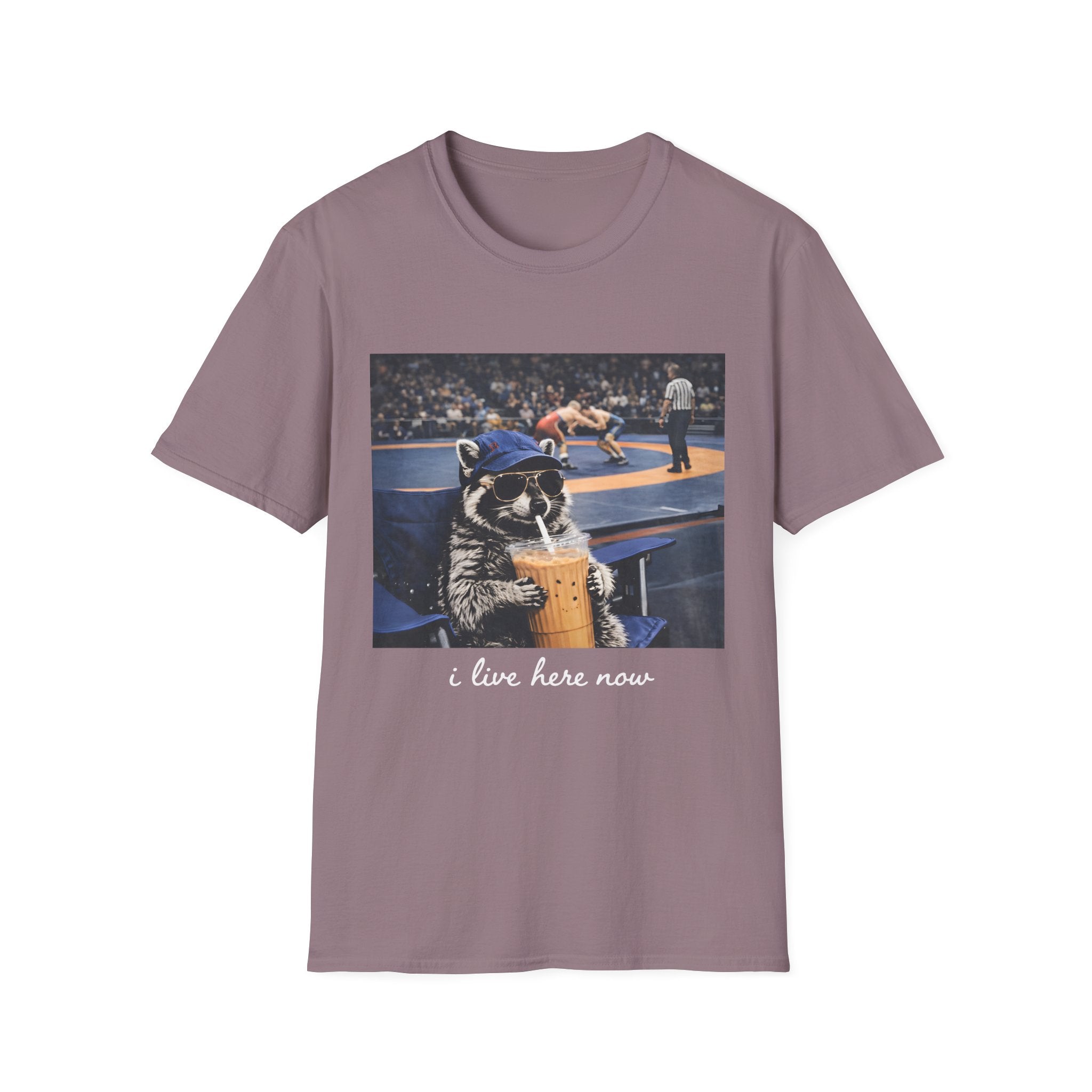 Wrestling Raccoon T‑Shirt — 'I Live Here Now' Funny Sports Tee