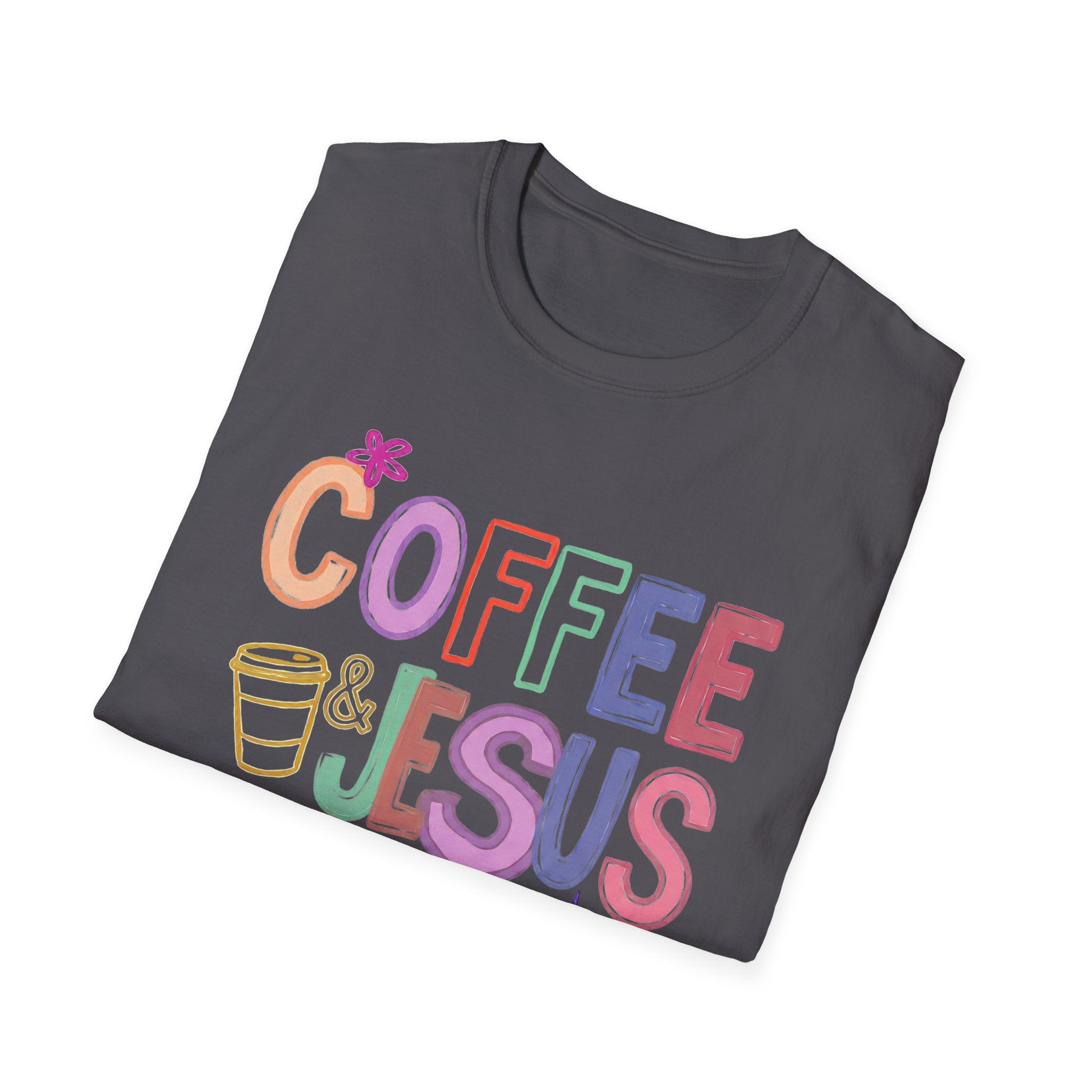 Coffee & Jesus T‑Shirt — Colorful Faith Graphic Tee for Women