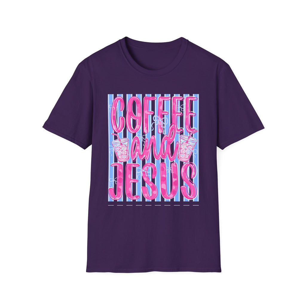Coffee and Jesus T‑Shirt — Retro Pink & Blue Faith Graphic Tee