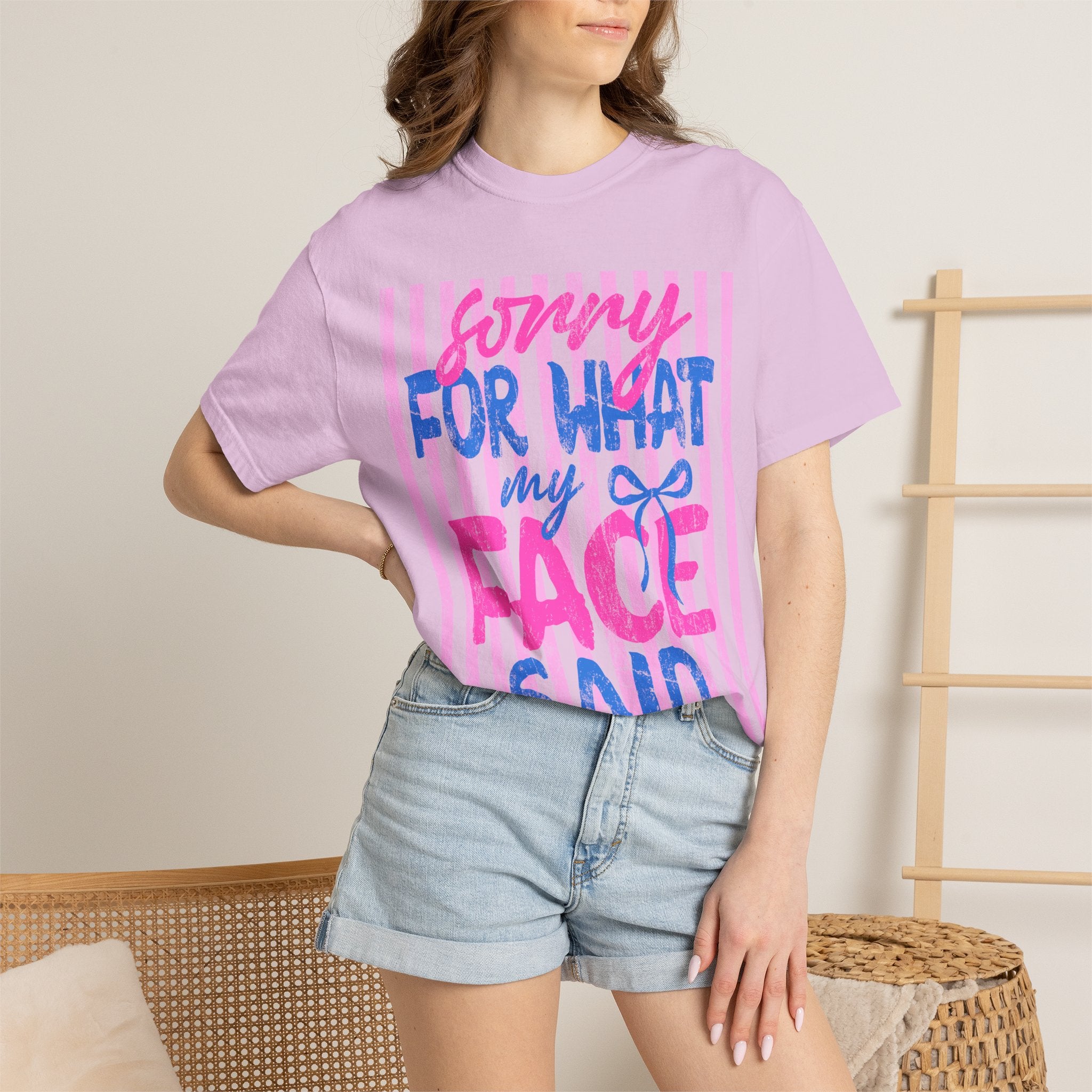 T-Shirt — "Sorry For What My Face Said" Graphic Tee (Pink & Blue Stripes)