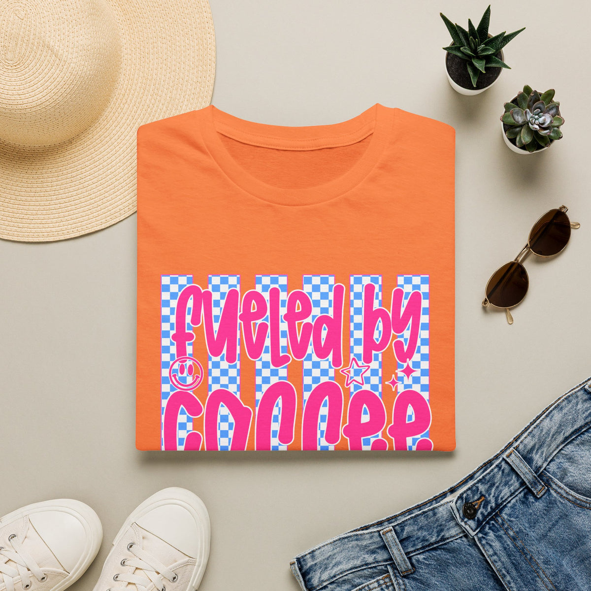 Fueled By Coffee And Anxiety T-Shirt — Retro Pink & Blue Checker Graphic
