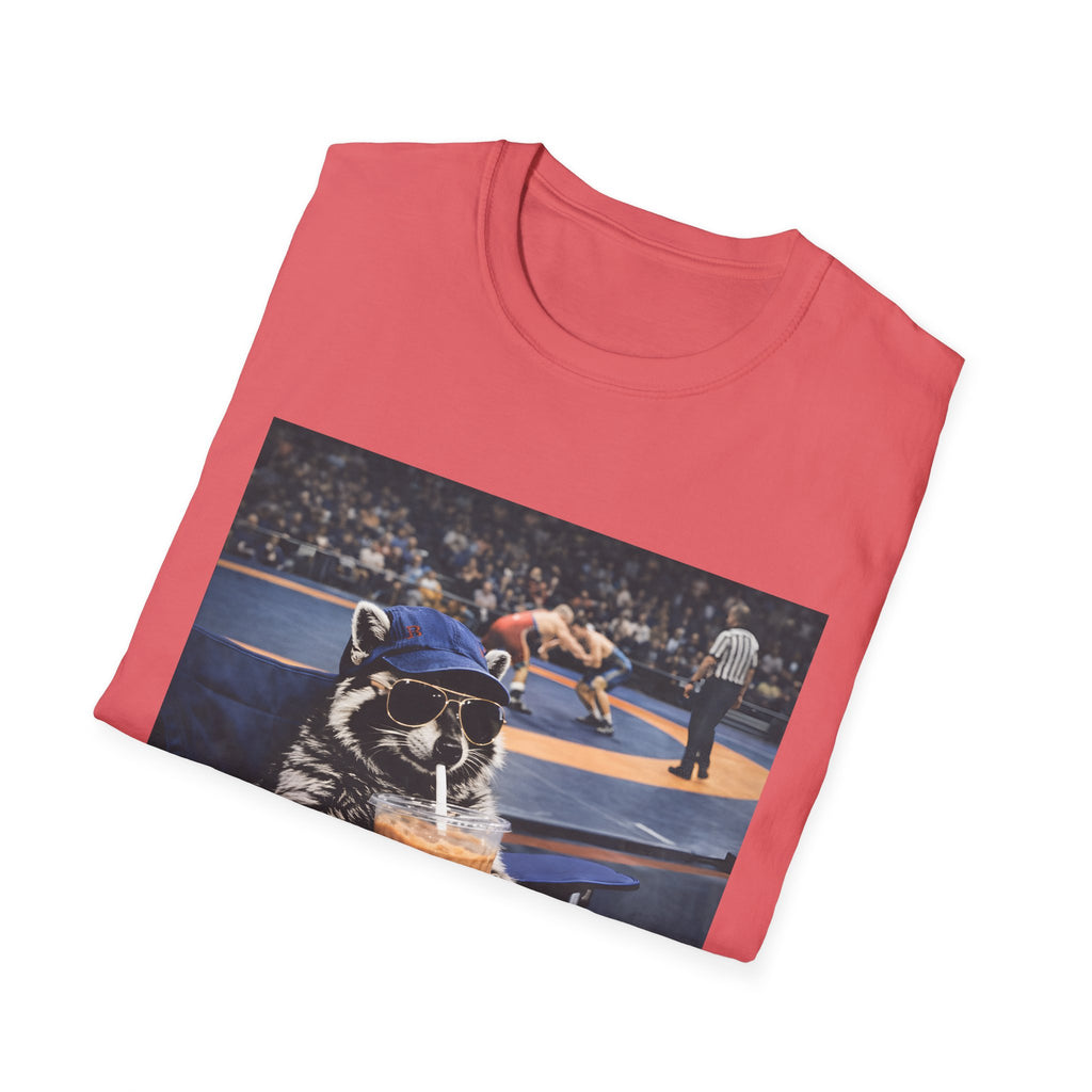 Wrestling Raccoon T‑Shirt — 'I Live Here Now' Funny Sports Tee
