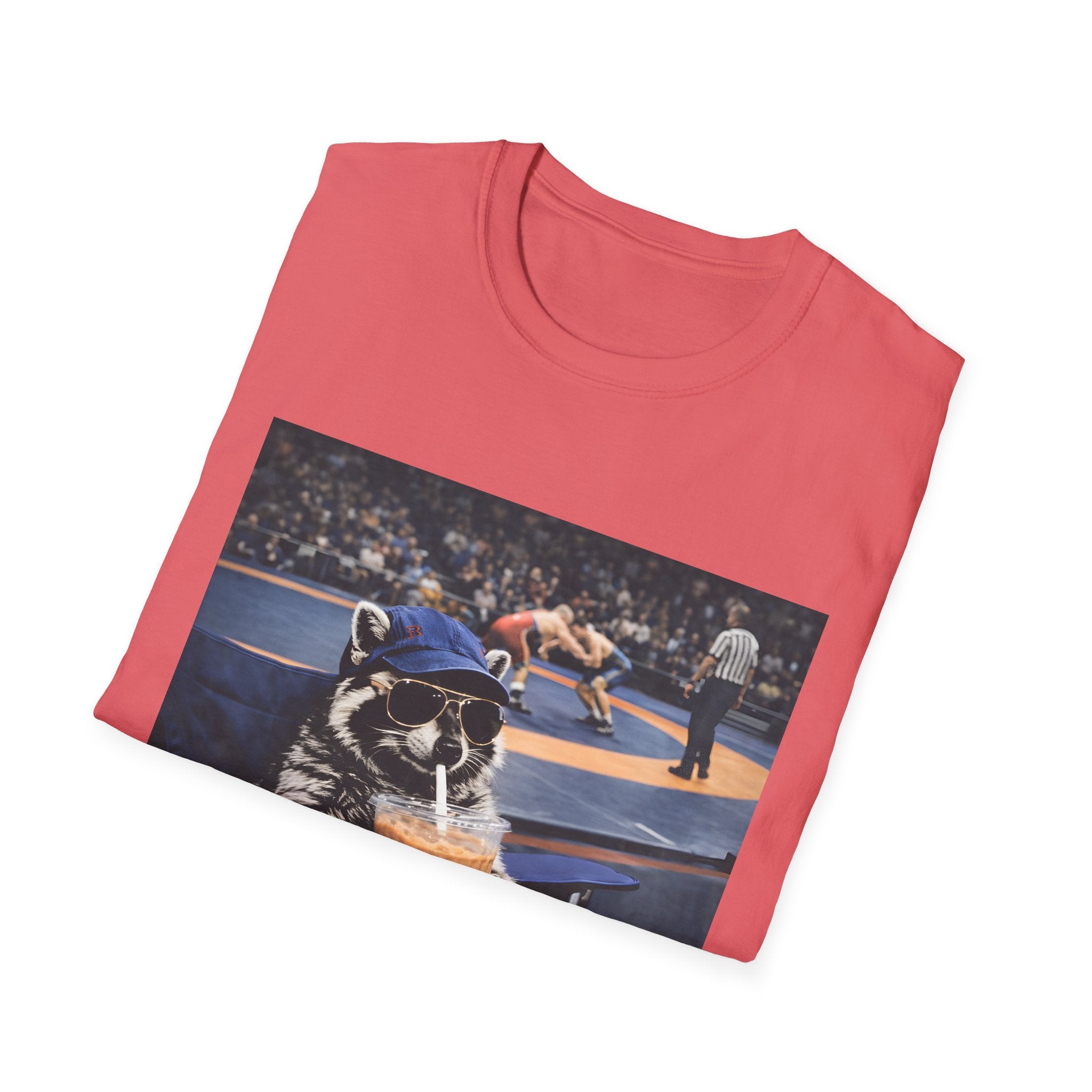 Wrestling Raccoon T‑Shirt — 'I Live Here Now' Funny Sports Tee