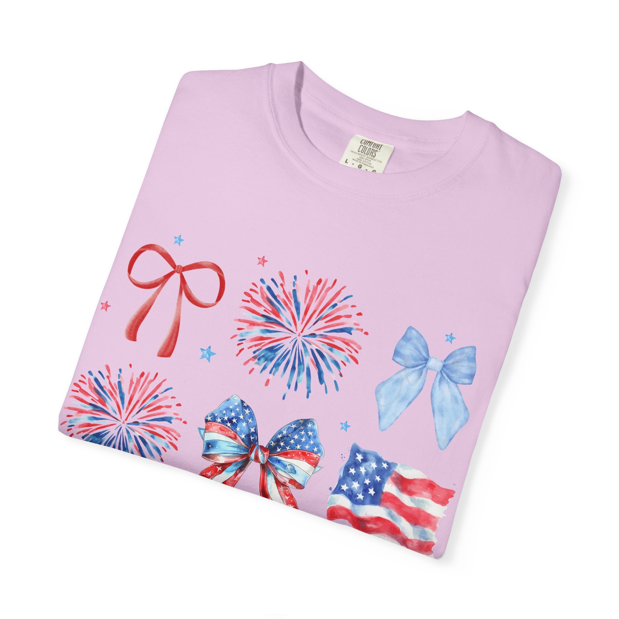 Patriotic Bows & Fireworks T-Shirt — American Flag Fourth of July Tee