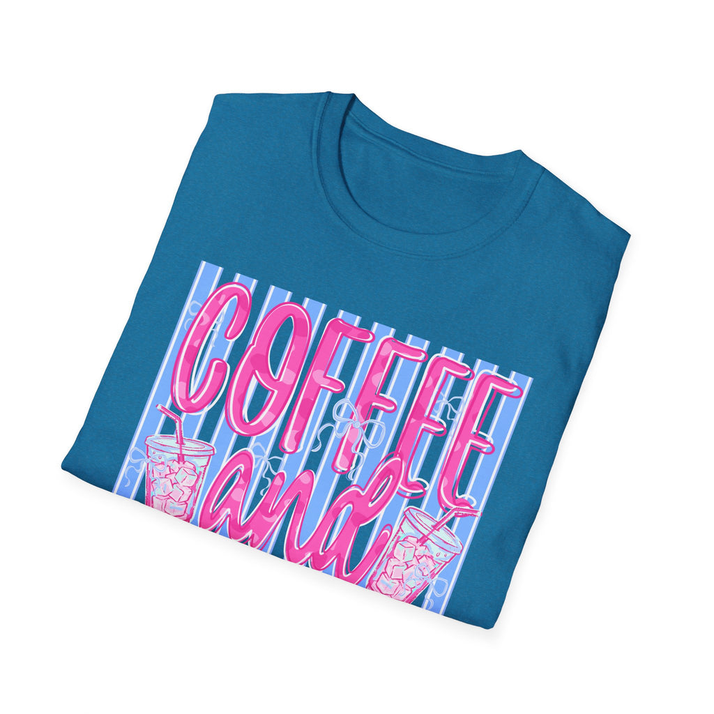 Coffee and Jesus T‑Shirt — Retro Pink & Blue Faith Graphic Tee