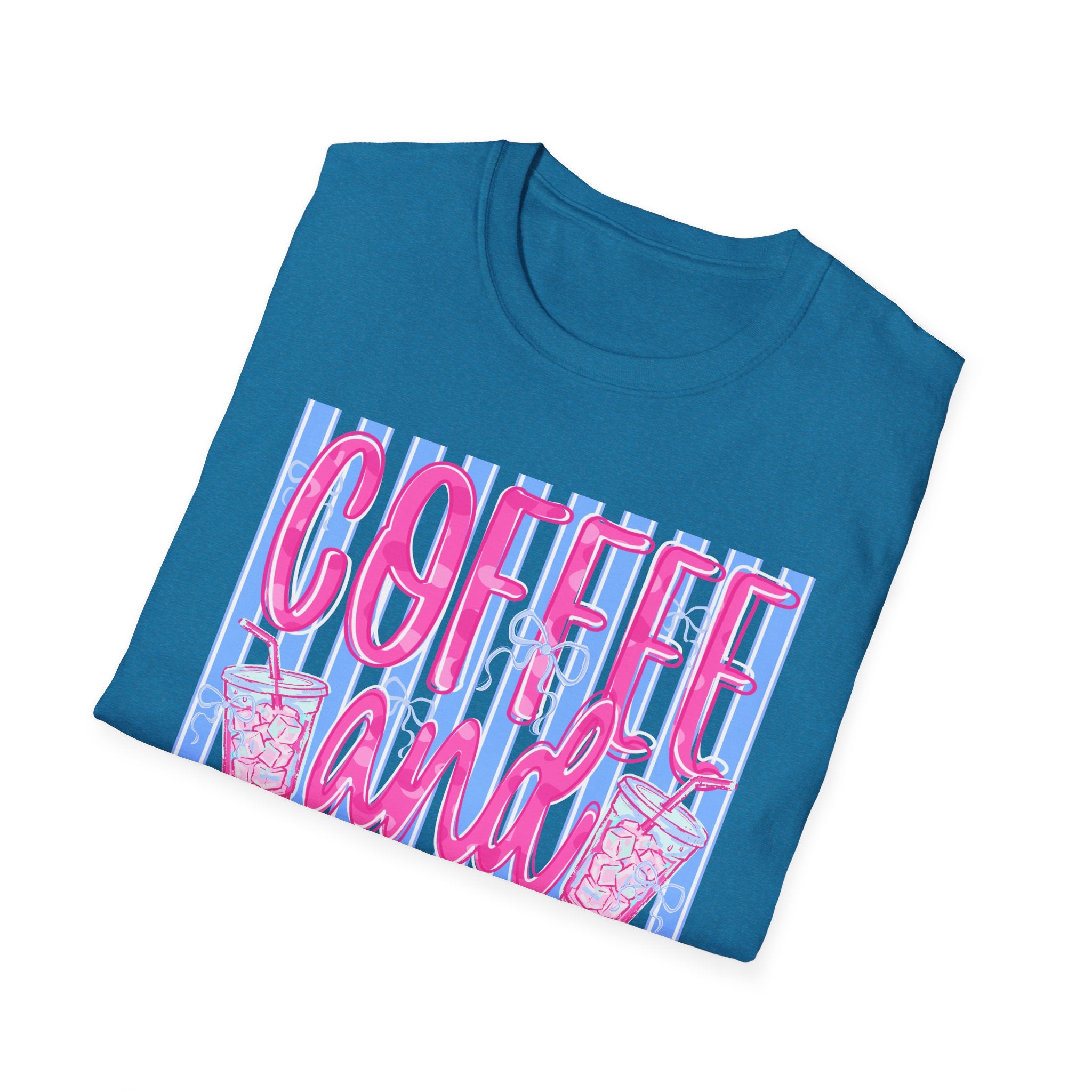 Coffee and Jesus T‑Shirt — Retro Pink & Blue Faith Graphic Tee