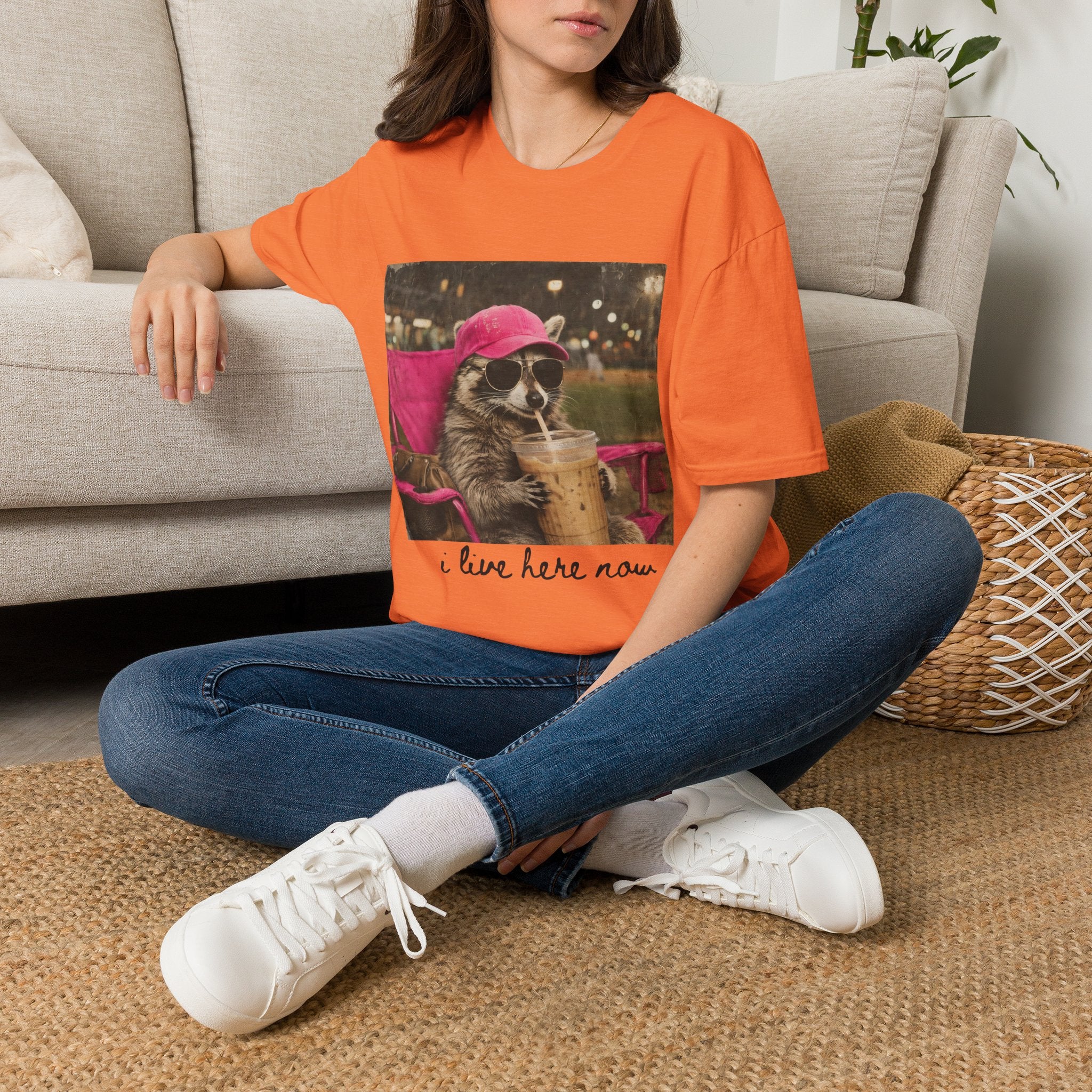 Raccoon Baseball/Softball Relaxing T-Shirt — 'Live Here Now' Retro Vacation Graphic Tee