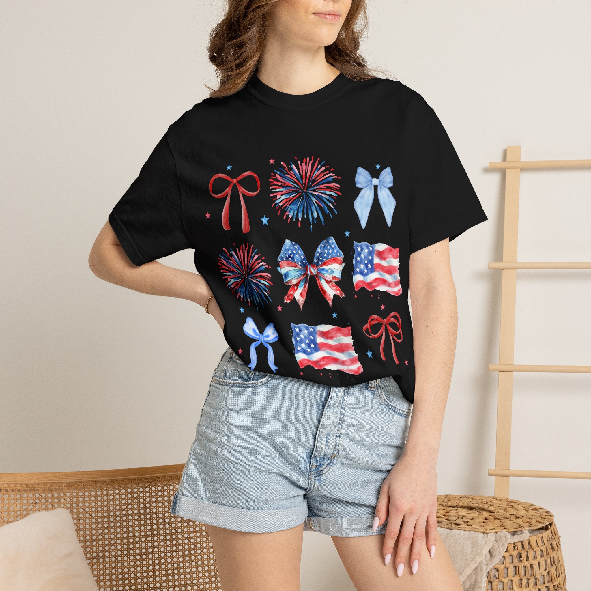 Patriotic Bows & Fireworks T-Shirt — American Flag Fourth of July Tee