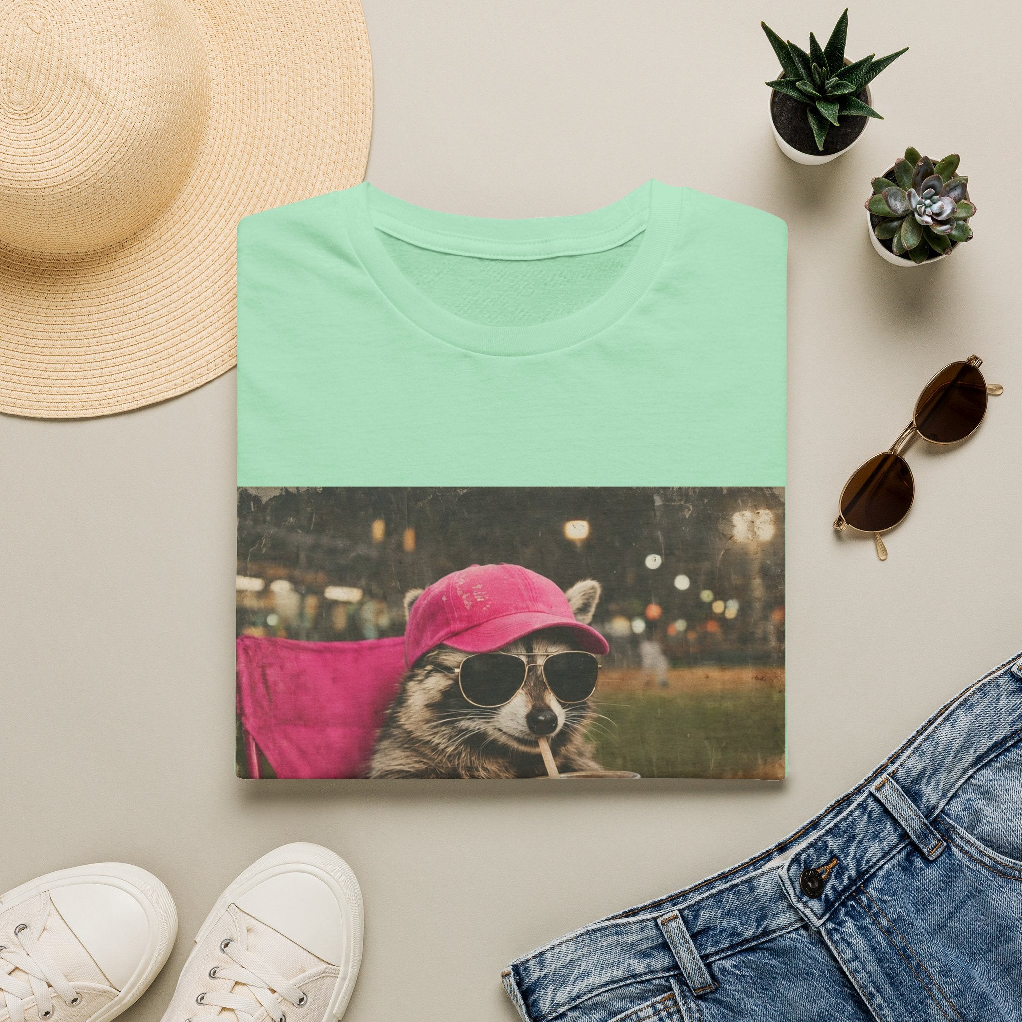 Raccoon Baseball/Softball Relaxing T-Shirt — 'Live Here Now' Retro Vacation Graphic Tee