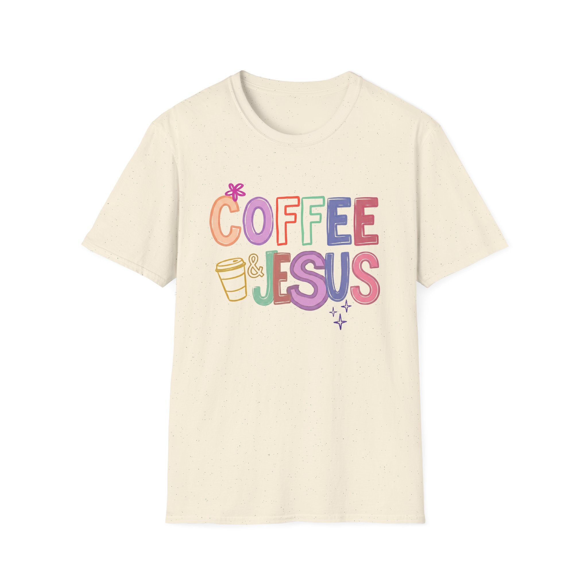 Coffee & Jesus T‑Shirt — Colorful Faith Graphic Tee for Women