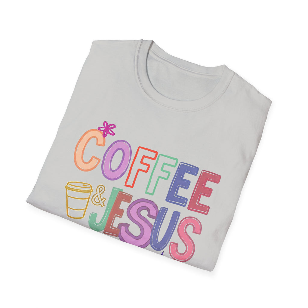 Coffee & Jesus T‑Shirt — Colorful Faith Graphic Tee for Women